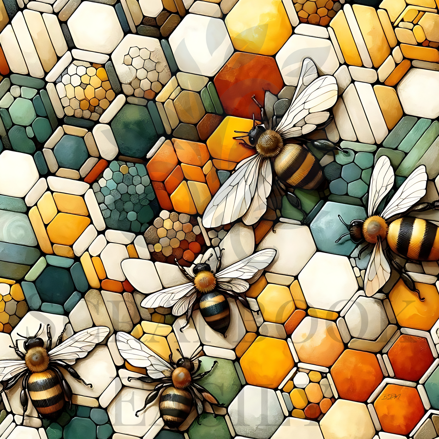 Digital scrapbooking paper featuring realistic bees on a colourful hexagonal pattern, ideal for creative crafts & printable projects, capturing the essence of a beehive with a modern artistic twist.