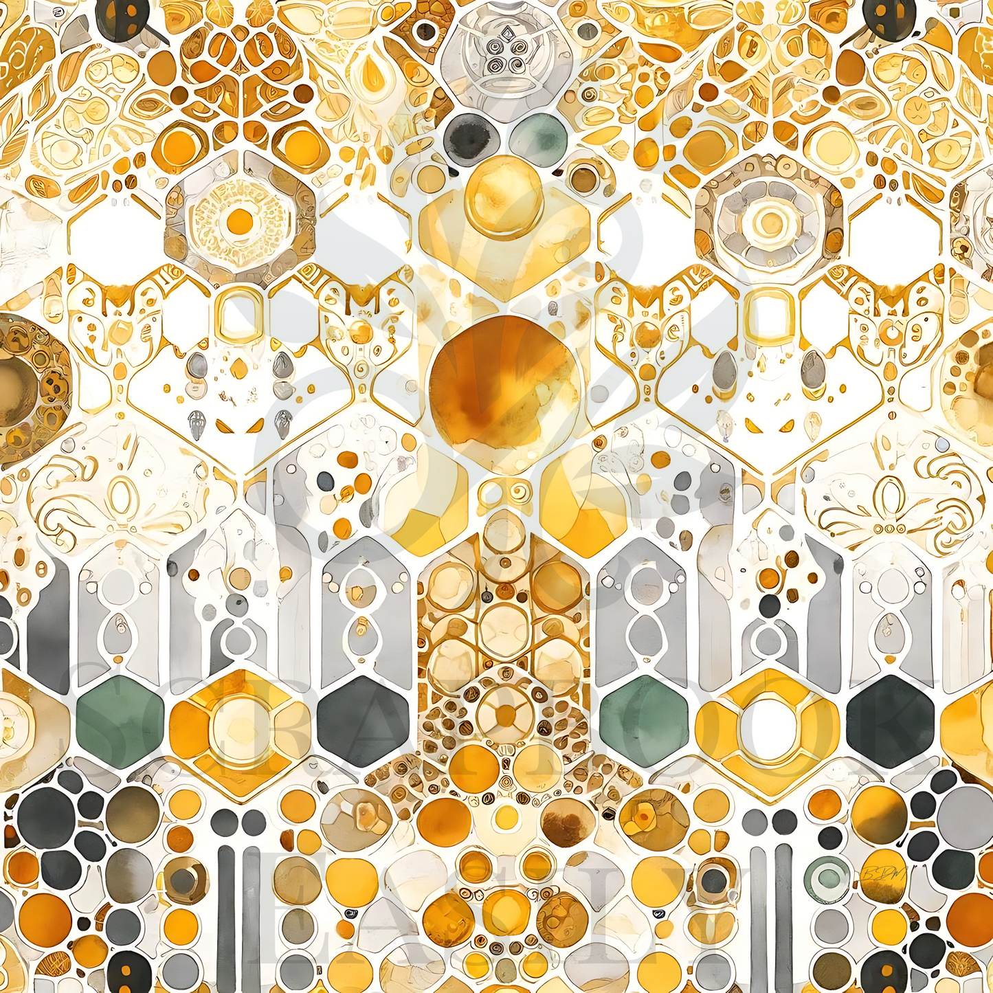 Artistic honeycomb & bee-themed digital paper with a golden palette for scrapbooking, available for download & print, perfect for crafting, decorating, & personalized projects.