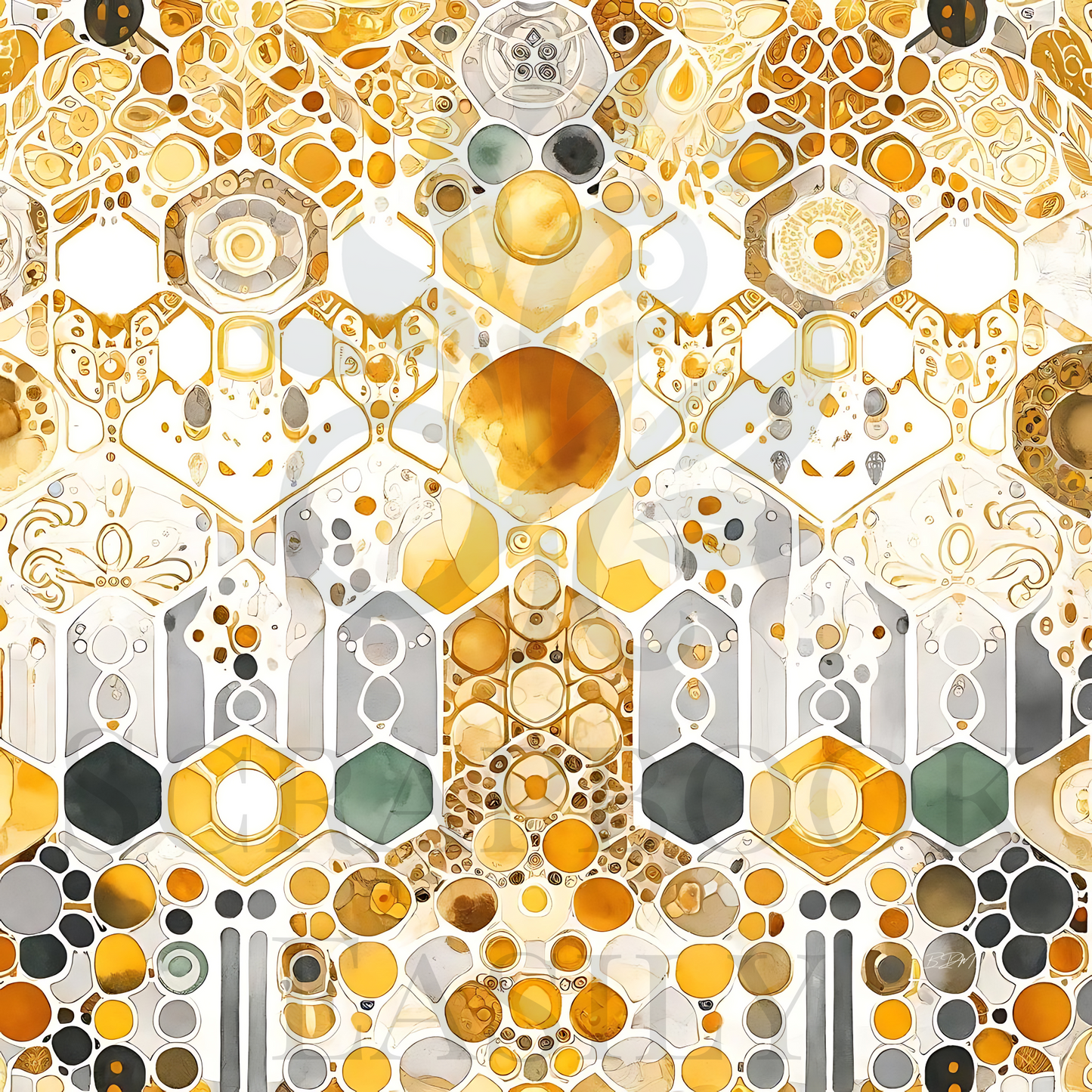 Downloadable & printable ornate honeycomb digital paper with geometric & organic gold accents, ideal for scrapbooking, crafting, & creative projects.