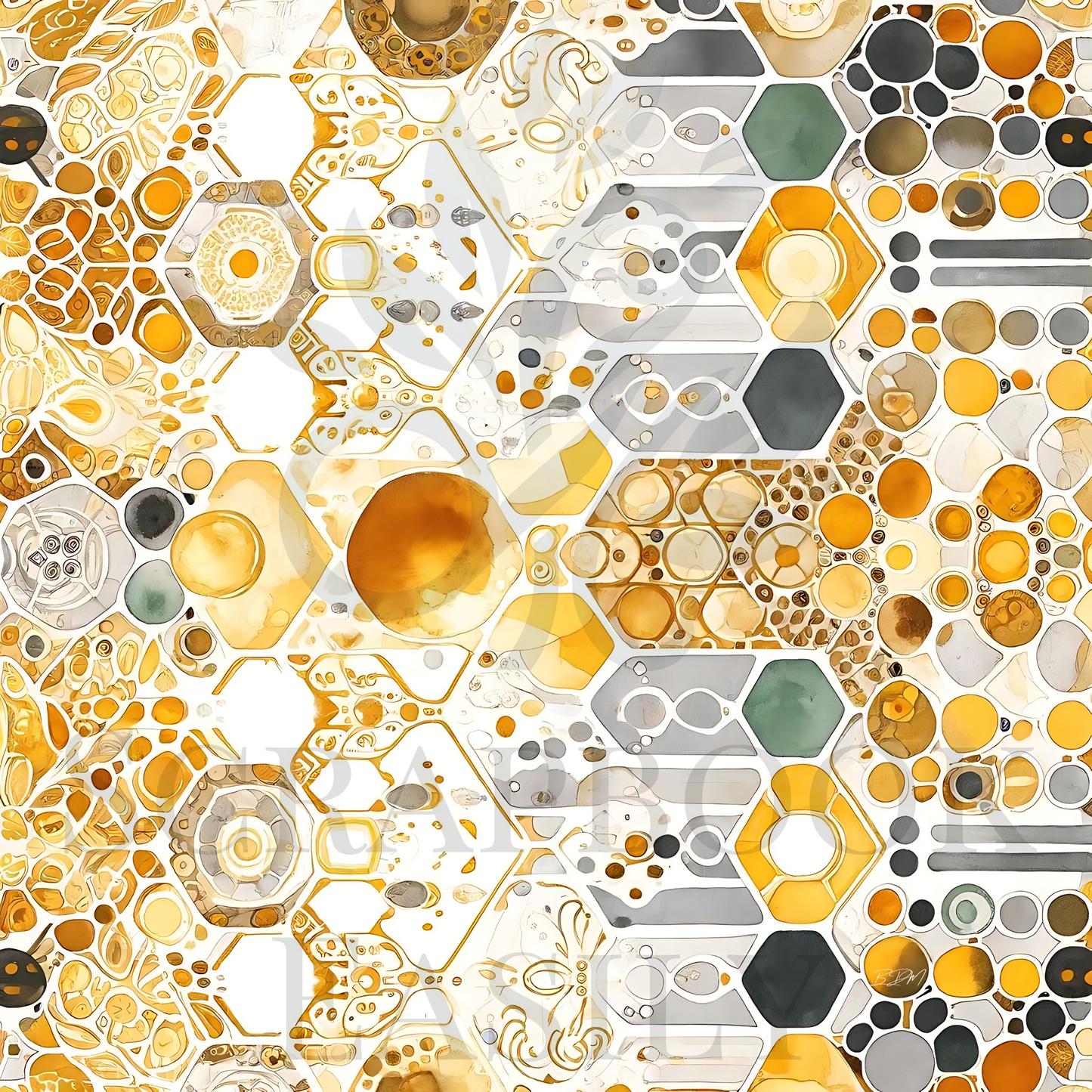Artistic scrapbook background with a honeycomb pattern, intricate golden details, & subtle watercolor textures, perfect for digital download, crafting, & printing for creative projects.