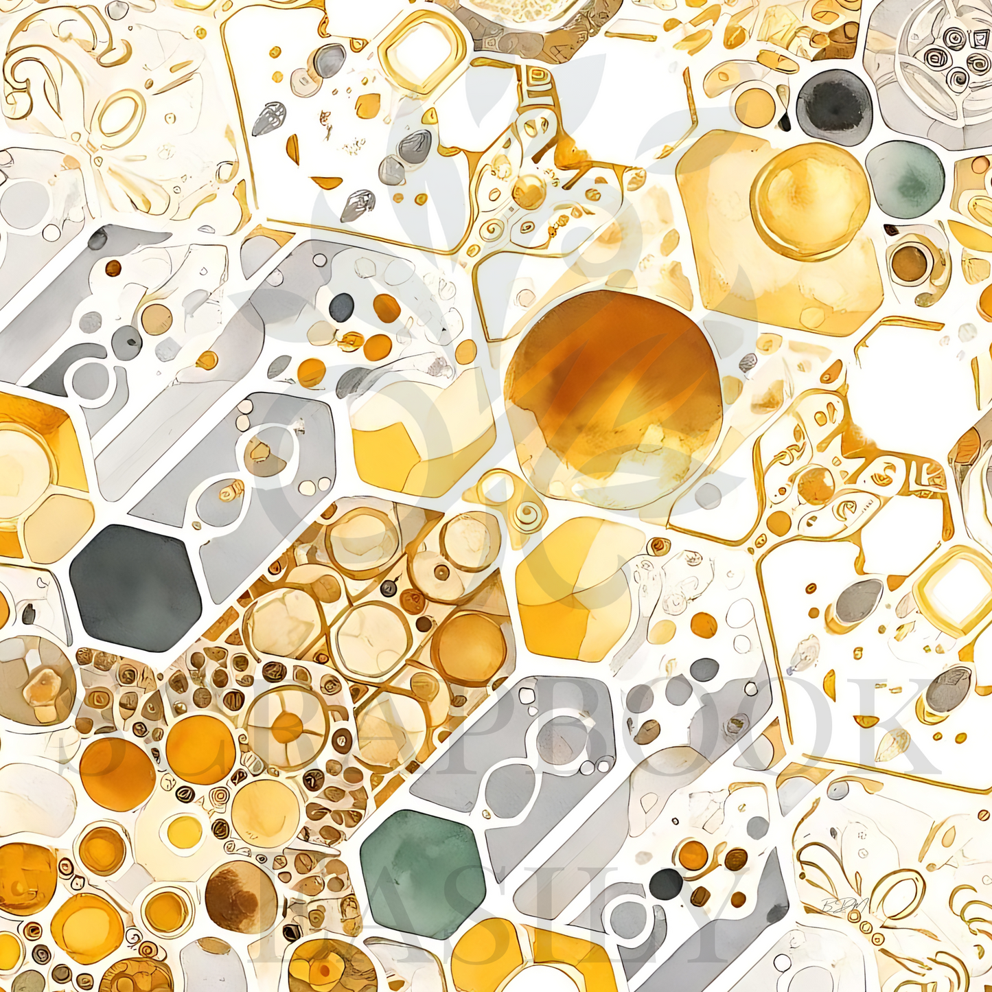 Digital scrapbooking background featuring a honeycomb mosaic in shades of gold, white, & grey, accented with watercolor droplets, ideal for printable crafts & online scrapbook layouts.
