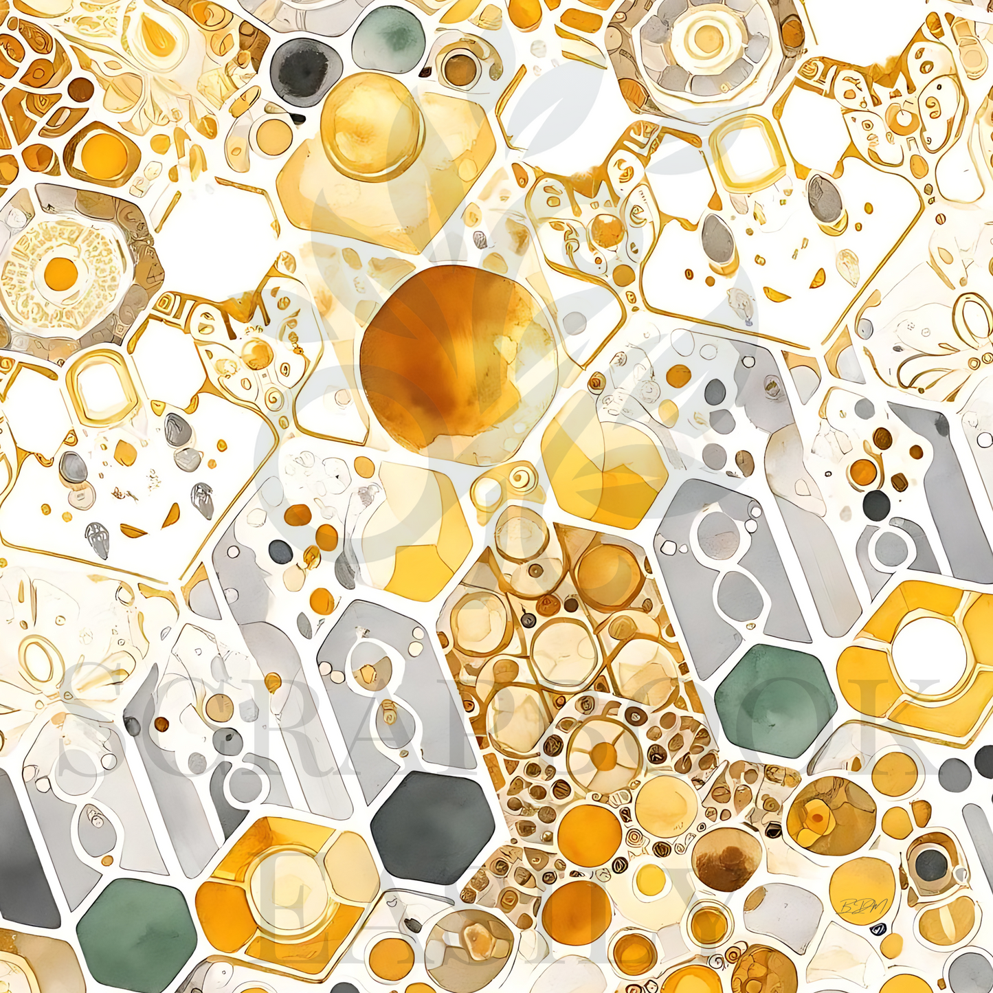 Artistic scrapbooking paper with intricate honeycomb design & watercolor accents in a palette of gold, amber, & neutral tones, perfect for creative digital download, printing, & scrapbooking projects.