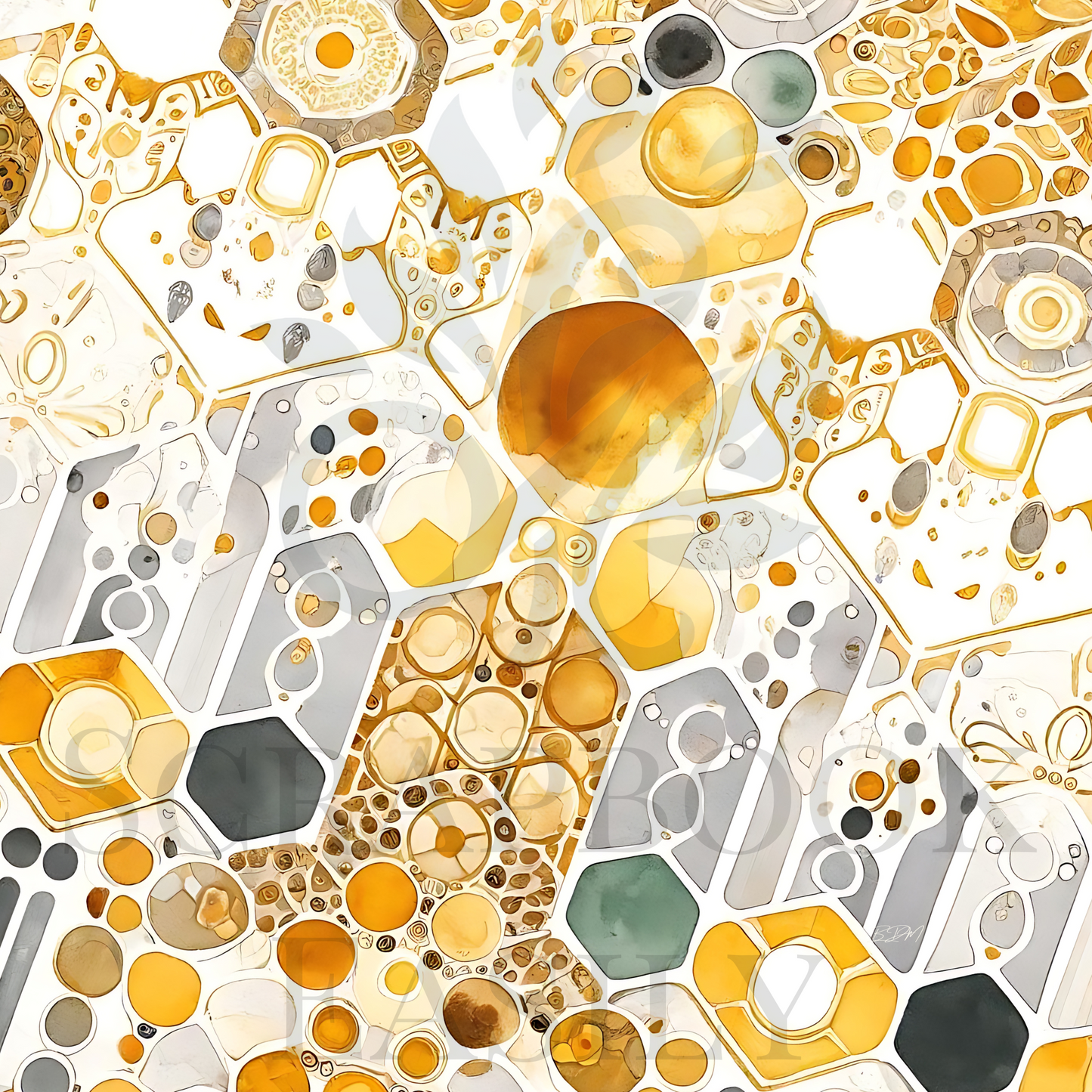 Decorative digital paper featuring a geometric honeycomb pattern with golden & translucent watercolor details, ideal for scrapbooking, craft printing, & creative projects available for download.