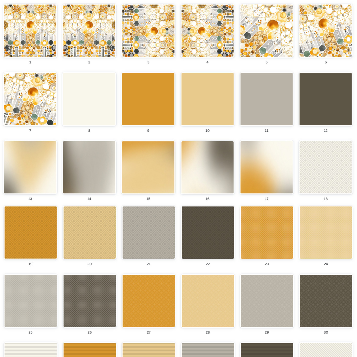 A collection of high-quality, printable scrapbooking papers with various designs including golden honeycomb patterns, textured solids, & gradient fills, perfect for creative crafting & digital scrapbook layouts available for instant download.