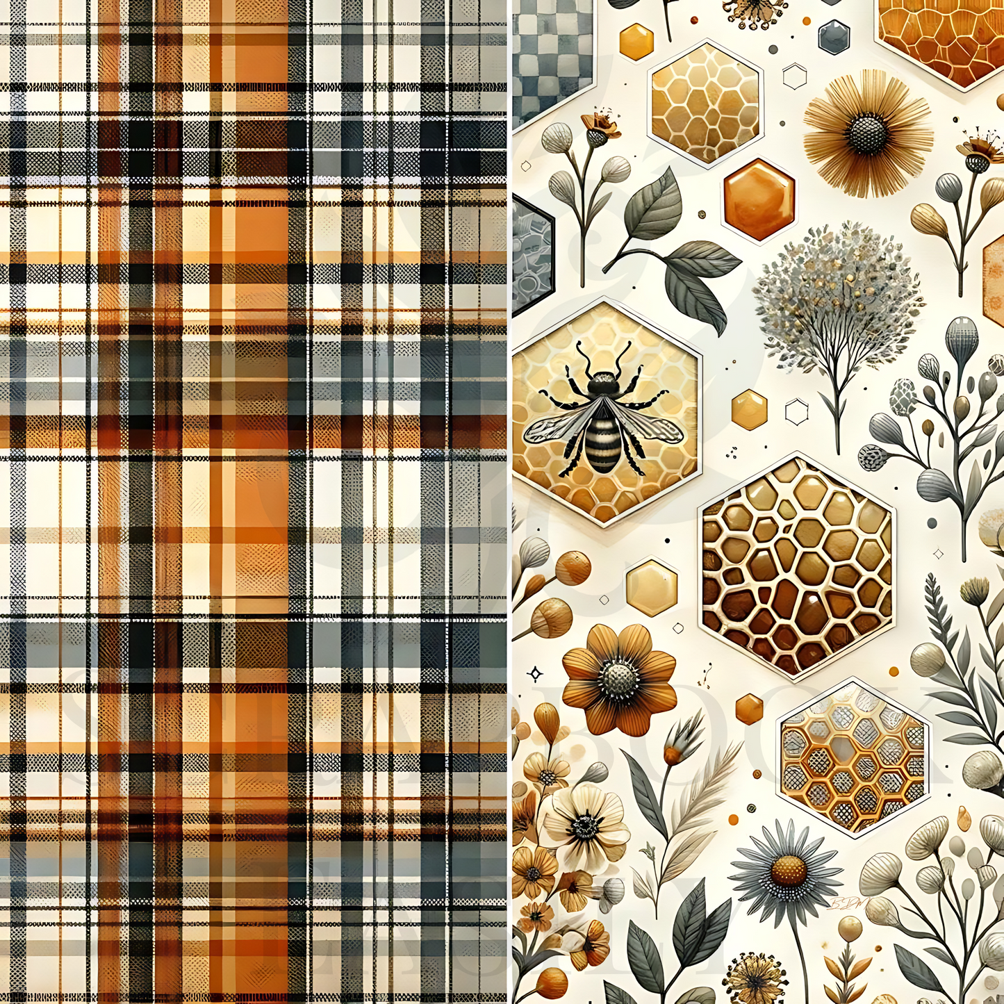 Explore Scrapbook Easily’s Tartan 2 set featuring classic tartan patterns & bee-themed botanical prints, perfect for enriching scrapbooking projects with a natural & traditional touch.