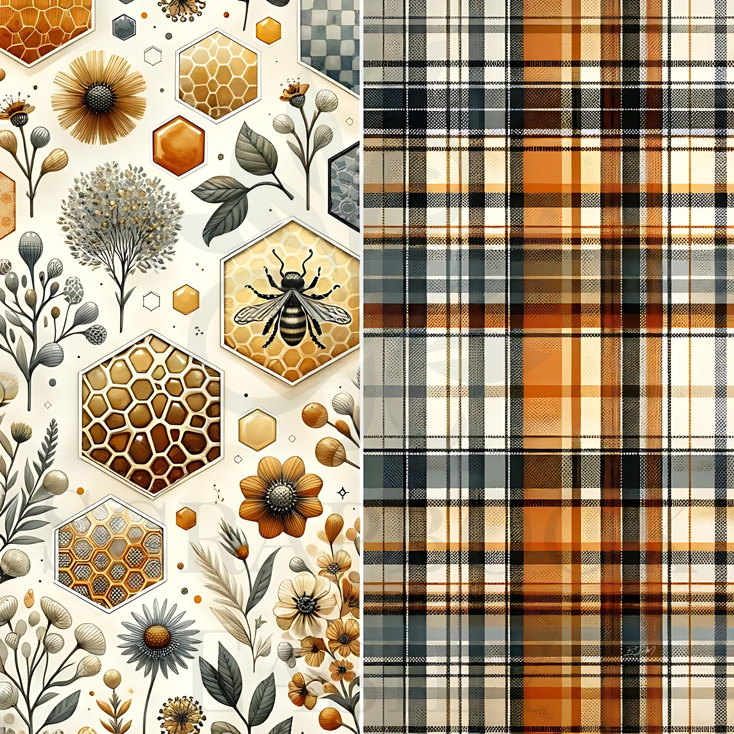Scrapbook Easily presents Tartan 2, blending traditional tartan with nature-inspired graphics including bees & flowers, ideal for crafting distinctive scrapbook layouts.