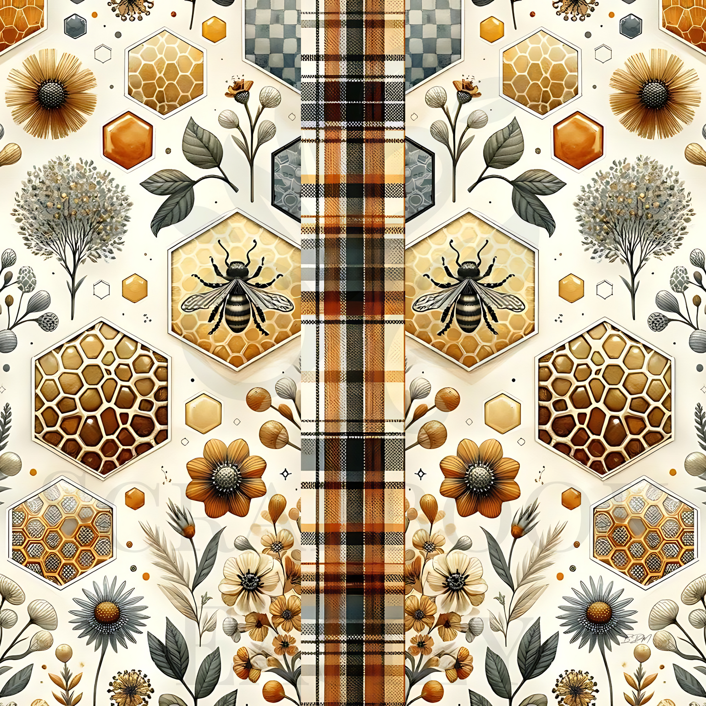 Get creative with Scrapbook Easily's Tartan 2, where classic tartan meets nature’s charm in detailed bee & floral designs, suitable for artistic scrapbooking.