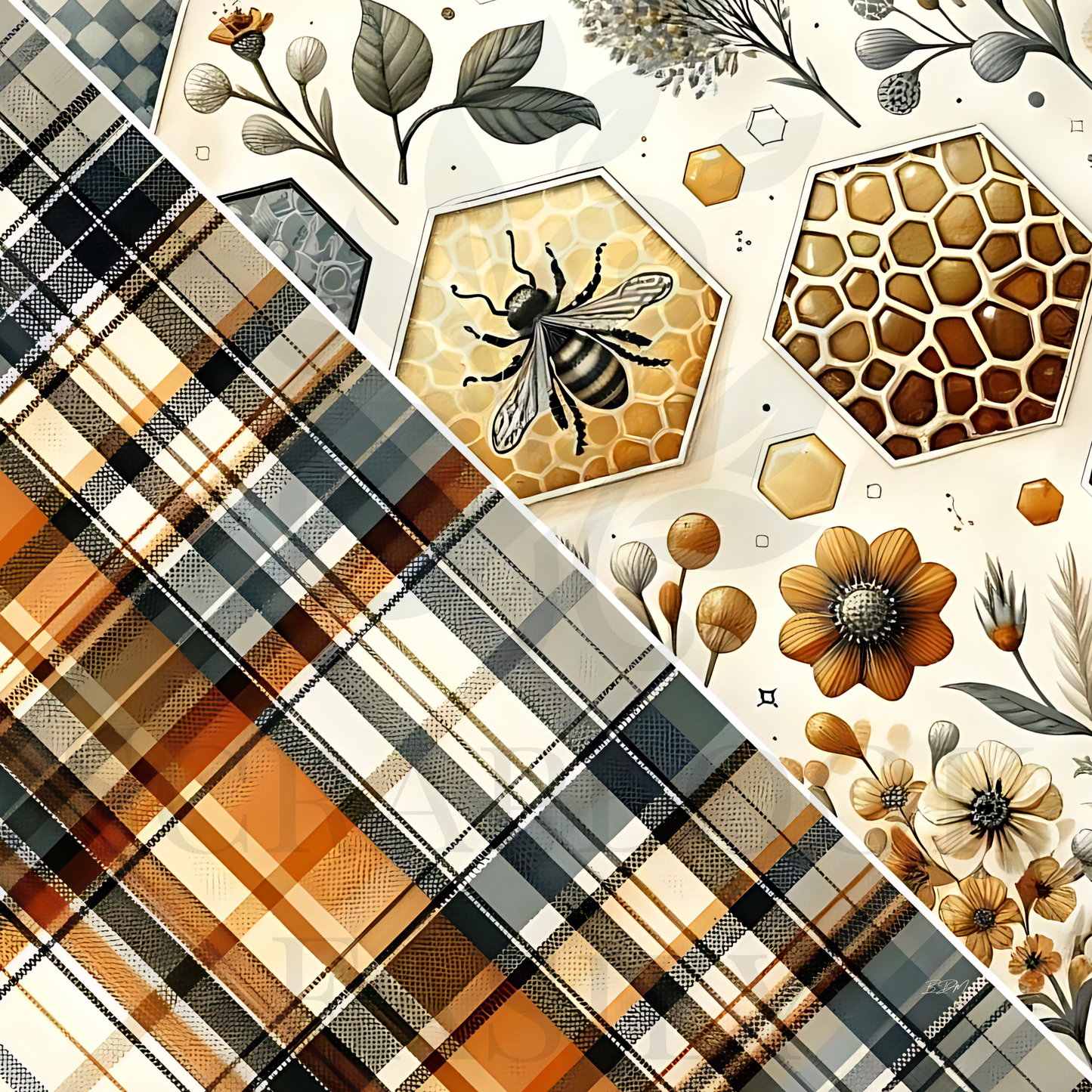 Enhance your craft with Tartan 2 from Scrapbook Easily, featuring richly woven tartan patterns alongside elegant botanical & bee illustrations for stylish scrapbooks.