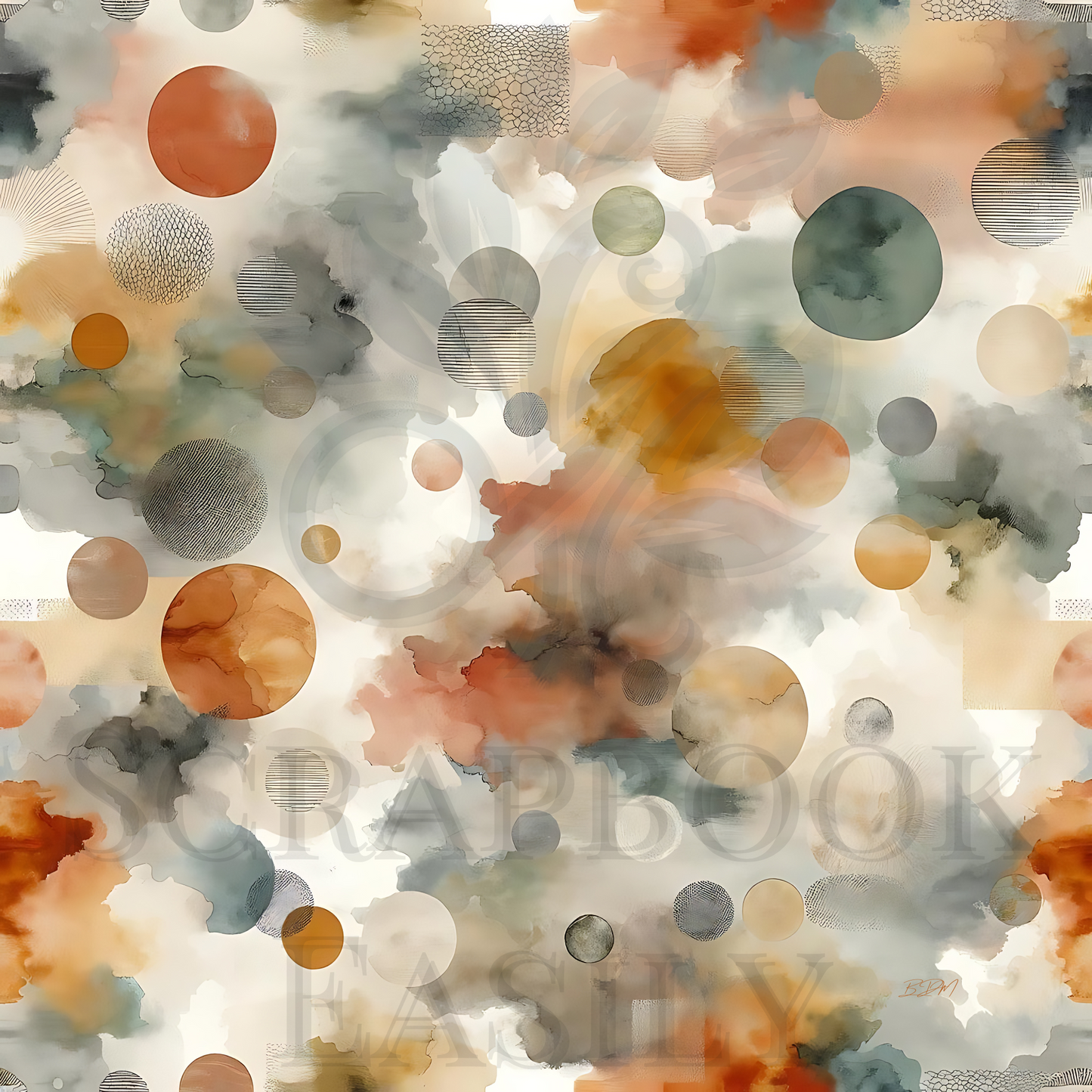 Watercolour Wash 1: Blend of misty hues & bold circles, offering versatile paper for scrapbooking & crafts at Scrapbook Easily.