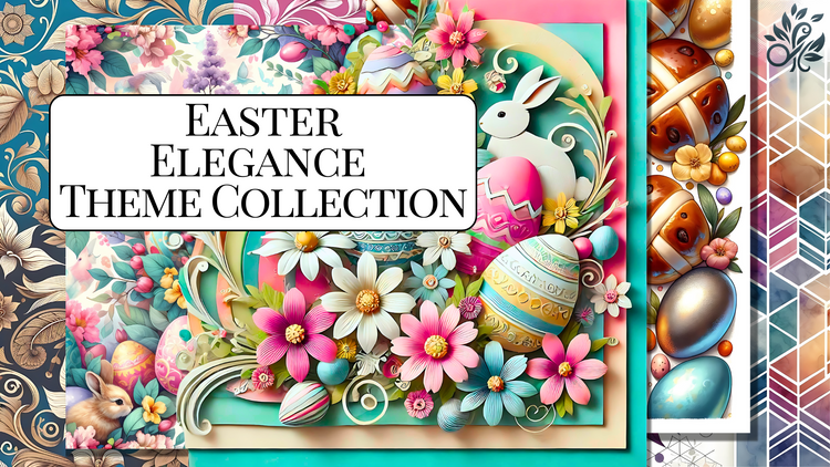 Easter Elegance Theme Collection from Scrapbook Easily, featuring vibrant floral patterns, hot-cross buns, & decorated eggs, perfect for projects. Explore more at www.scrapbookeasily.com.