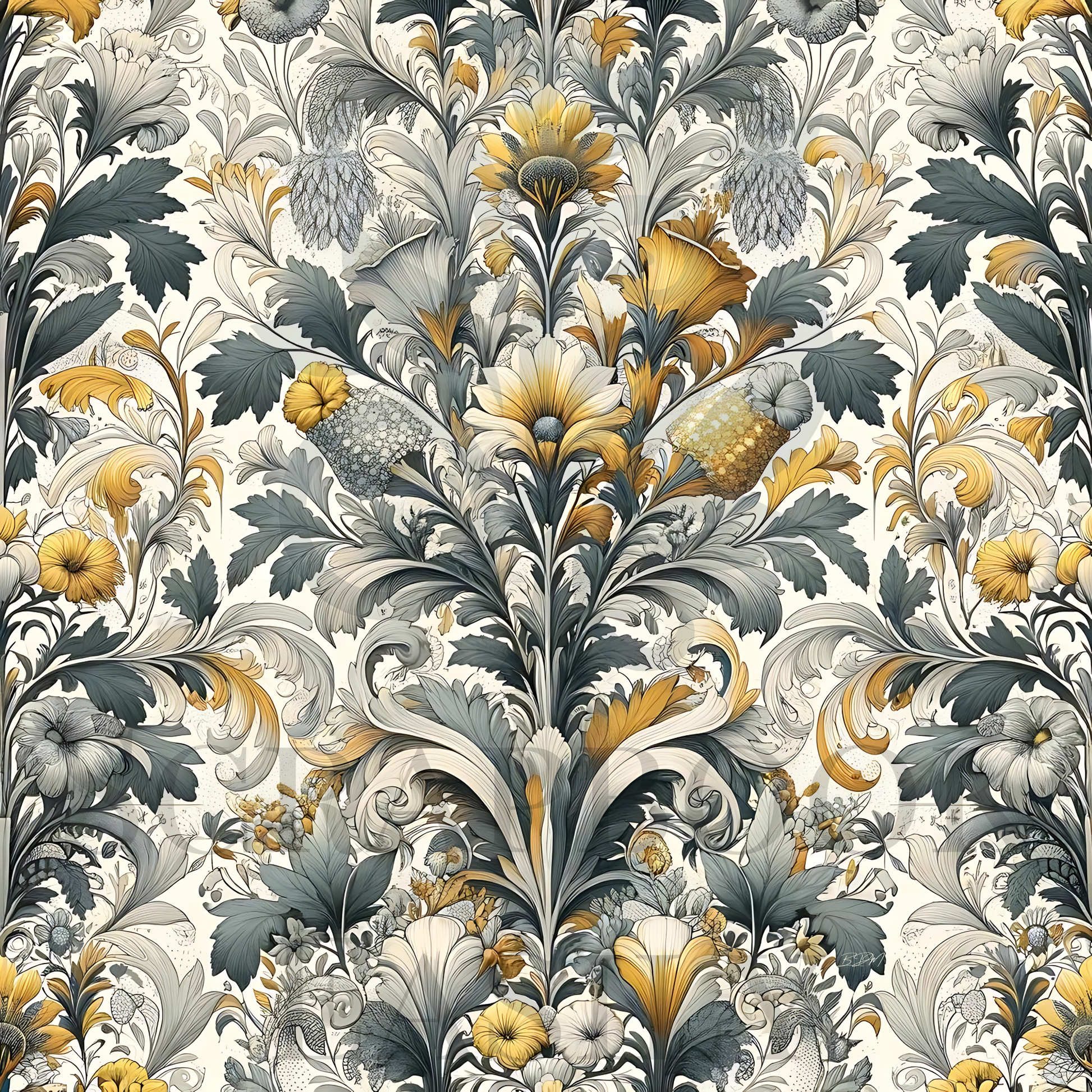 Elegant floral & swirl scrapbooking paper design in muted cream, gold, & grey tones, perfect for sophisticated crafting projects.