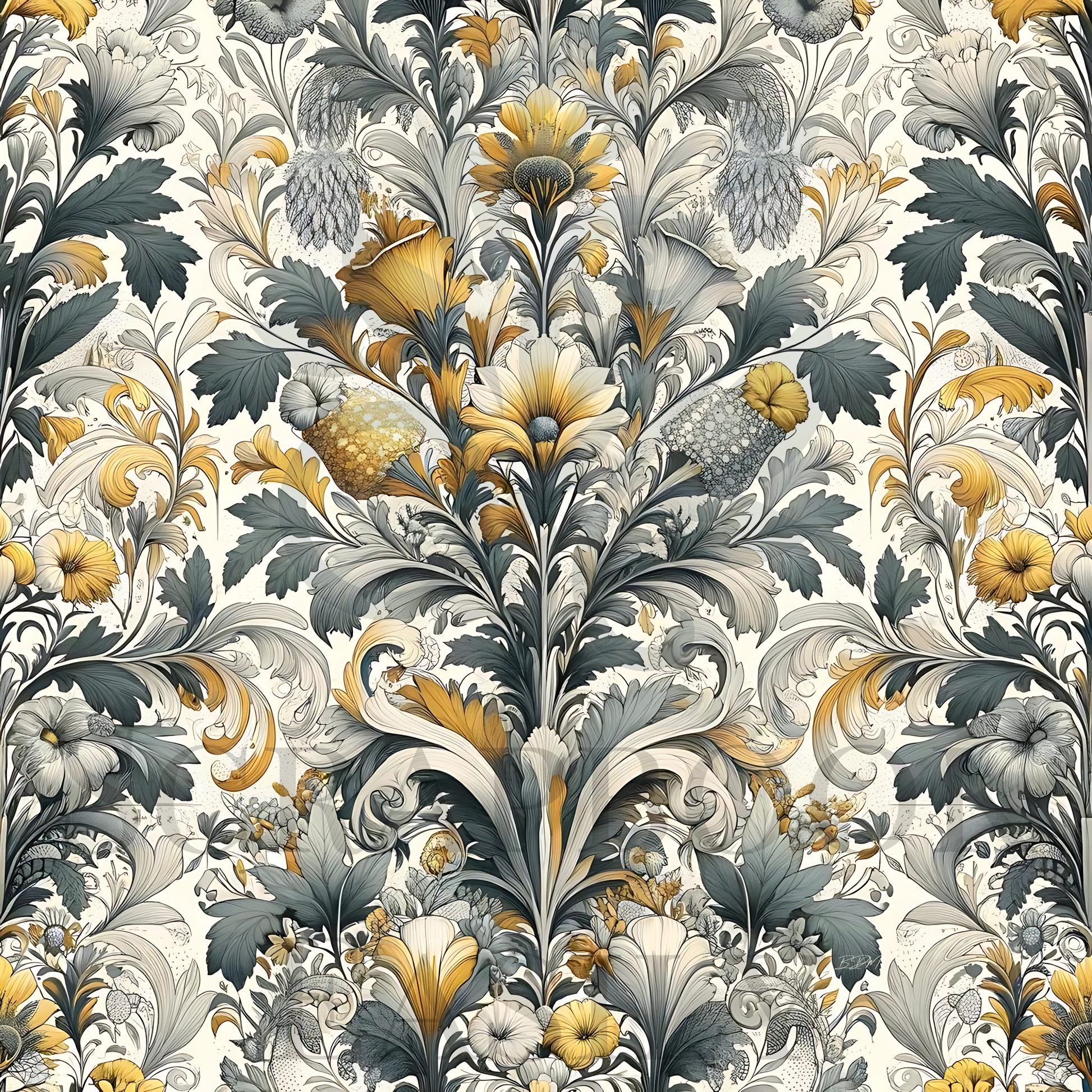 Elegant vintage botanical print featuring an intricate arrangement of flowers, leaves, & filigree in soft cream, gold, & grey hues. Perfect for classic scrapbooking layouts, decoupage, or as a sophisticated background for crafting & digital design, available for download.