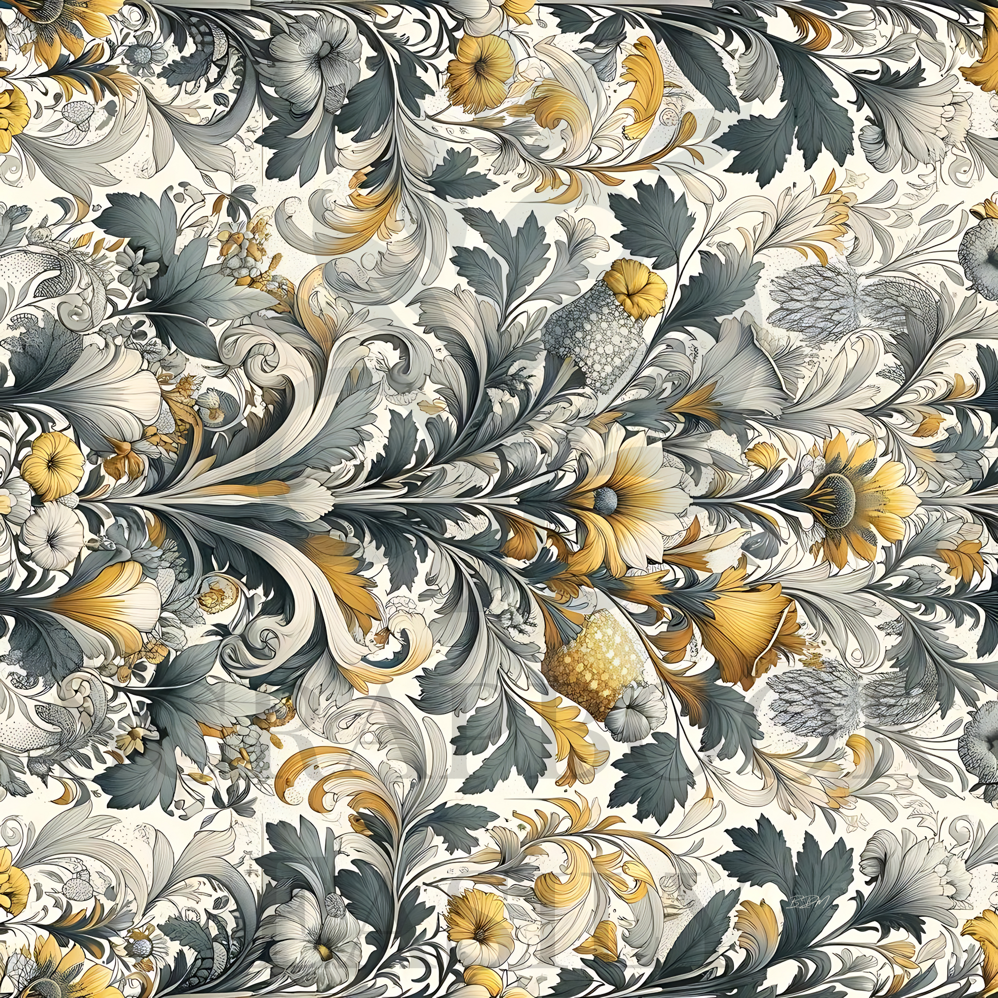 Luxurious floral scrapbooking paper with a baroque-inspired design, showcasing a dense arrangement of golden-yellow blooms, ornate grey foliage, & delicate seed pods on an ivory background. Ideal for artful scrapbooking projects, creative stationery, & unique crafting downloads.