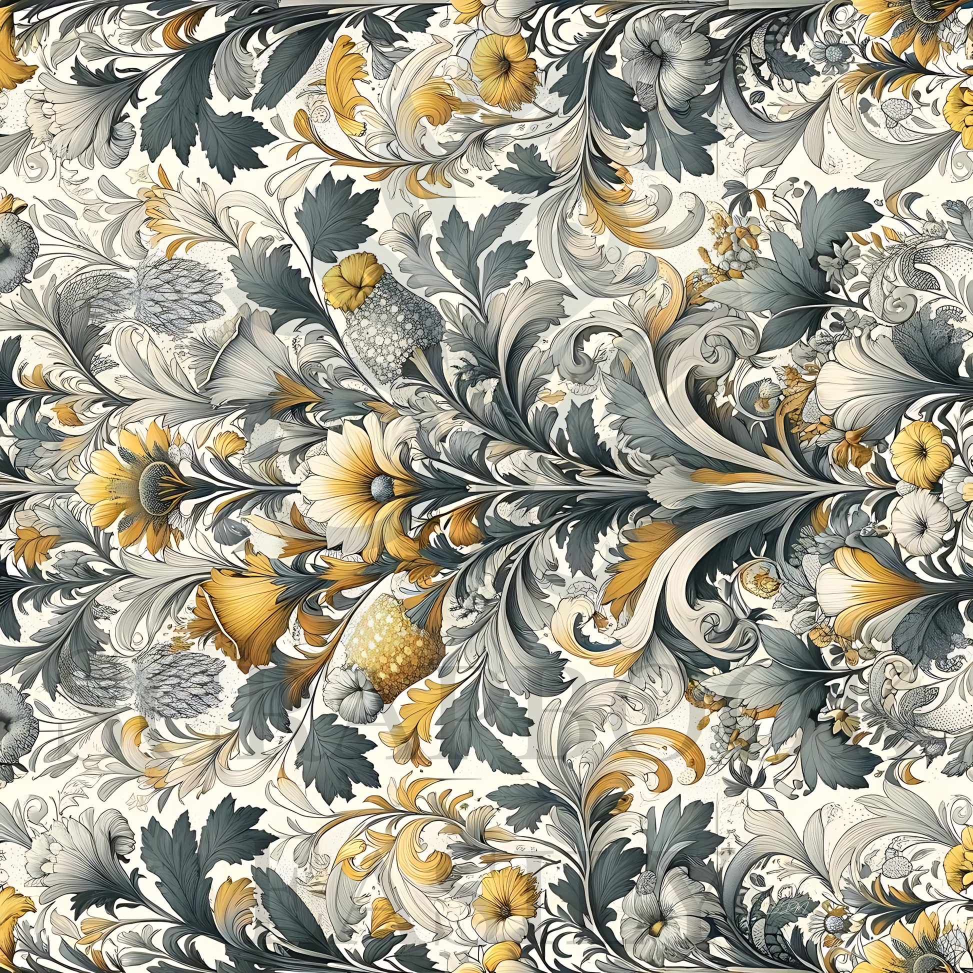 Elegant vintage floral pattern with golden yellow blooms & grey foliage, ideal for scrapbooking backgrounds or printable stationery, infusing classic charm & a touch of nature into creative projects.