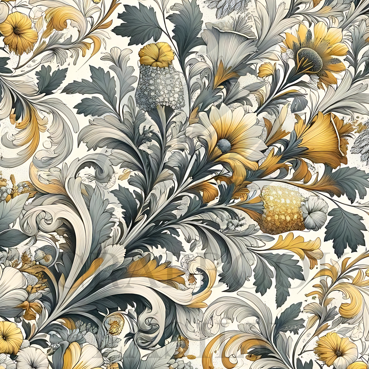 Sophisticated botanical print featuring rich gold flowers & ornate grey leaves, perfect for download & print scrapbooking materials, offering an artistic flourish to personal & commercial designs.