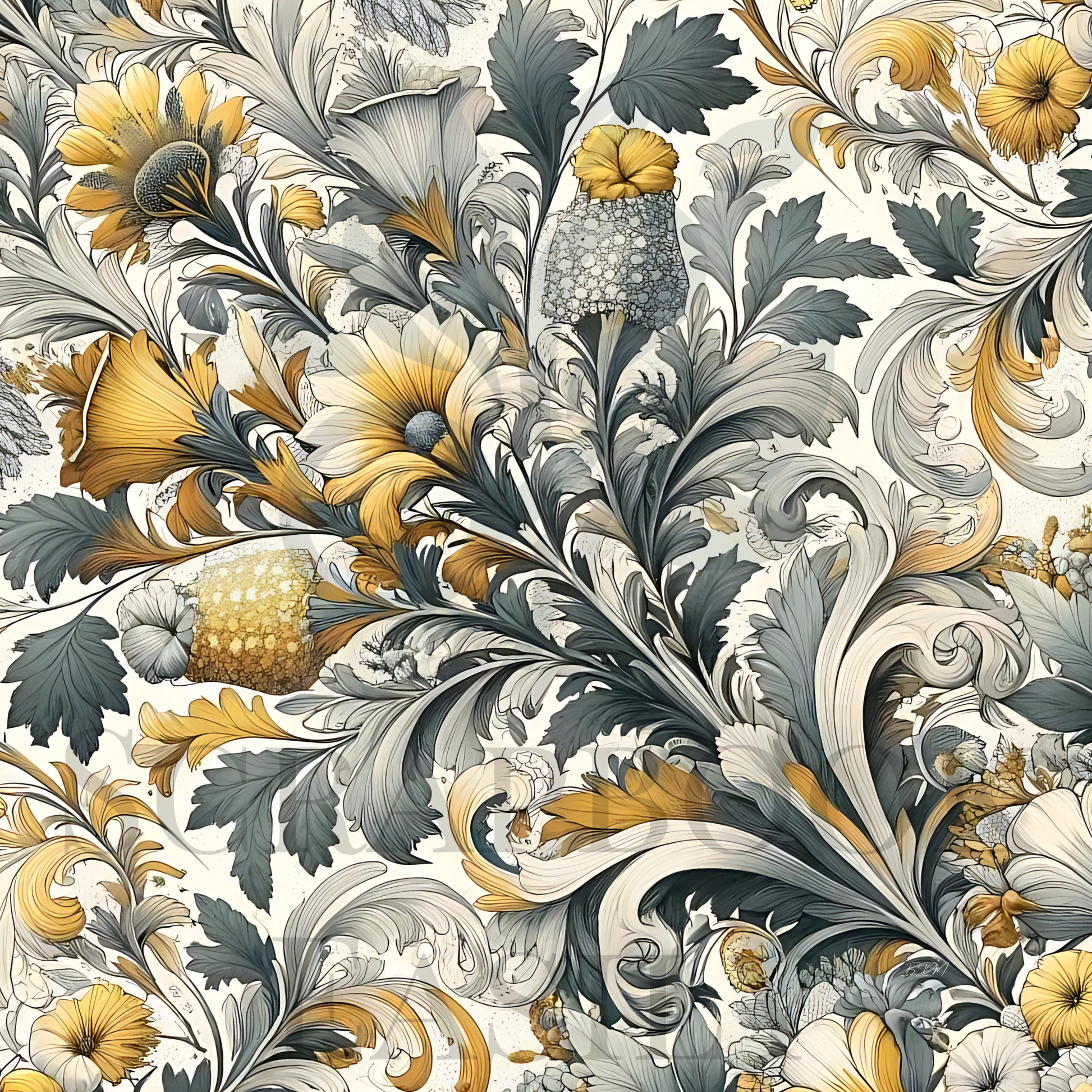 Elegant vintage floral pattern with golden yellow flowers, baroque swirls, & intricate leaf designs ideal for scrapbooking downloads & prints.