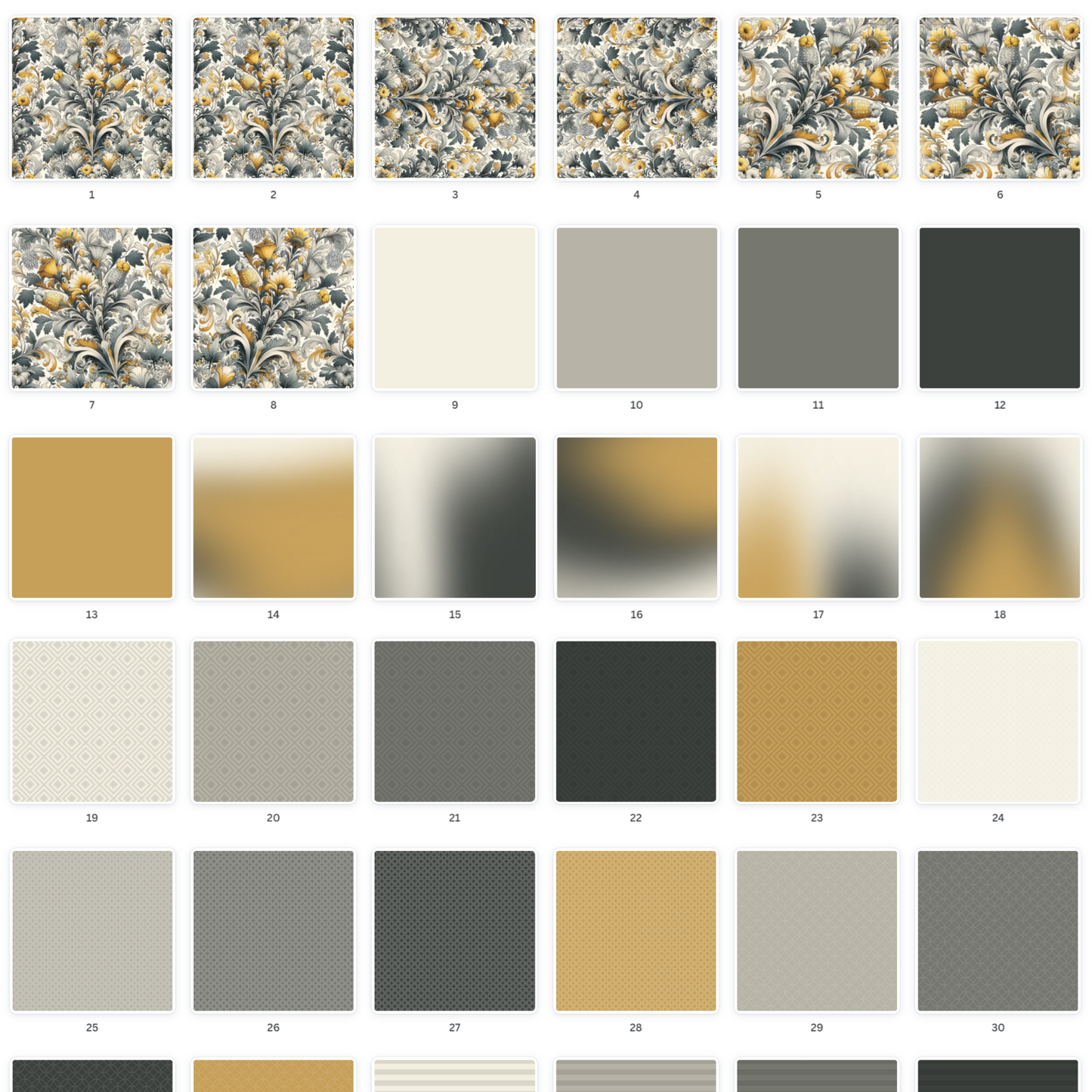 High-quality digital scrapbooking paper pack featuring assorted prints, including floral, geometric, & solid color designs in a harmonious palette of yellow, gray, & cream tones, perfect for creative scrapbook projects & digital layouts.