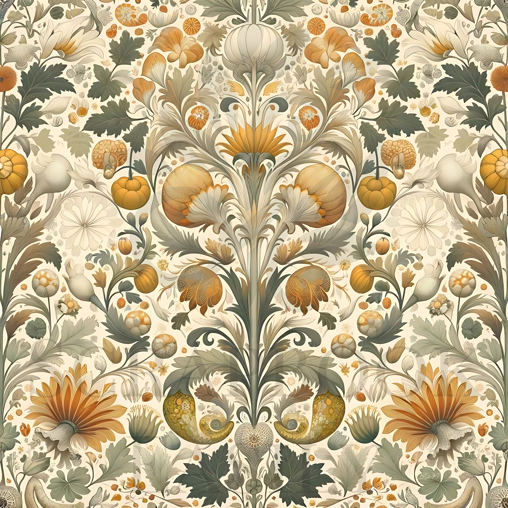 Vintage botanical pattern with pumpkins & autumn florals for download & print, & digital scrapbooking.