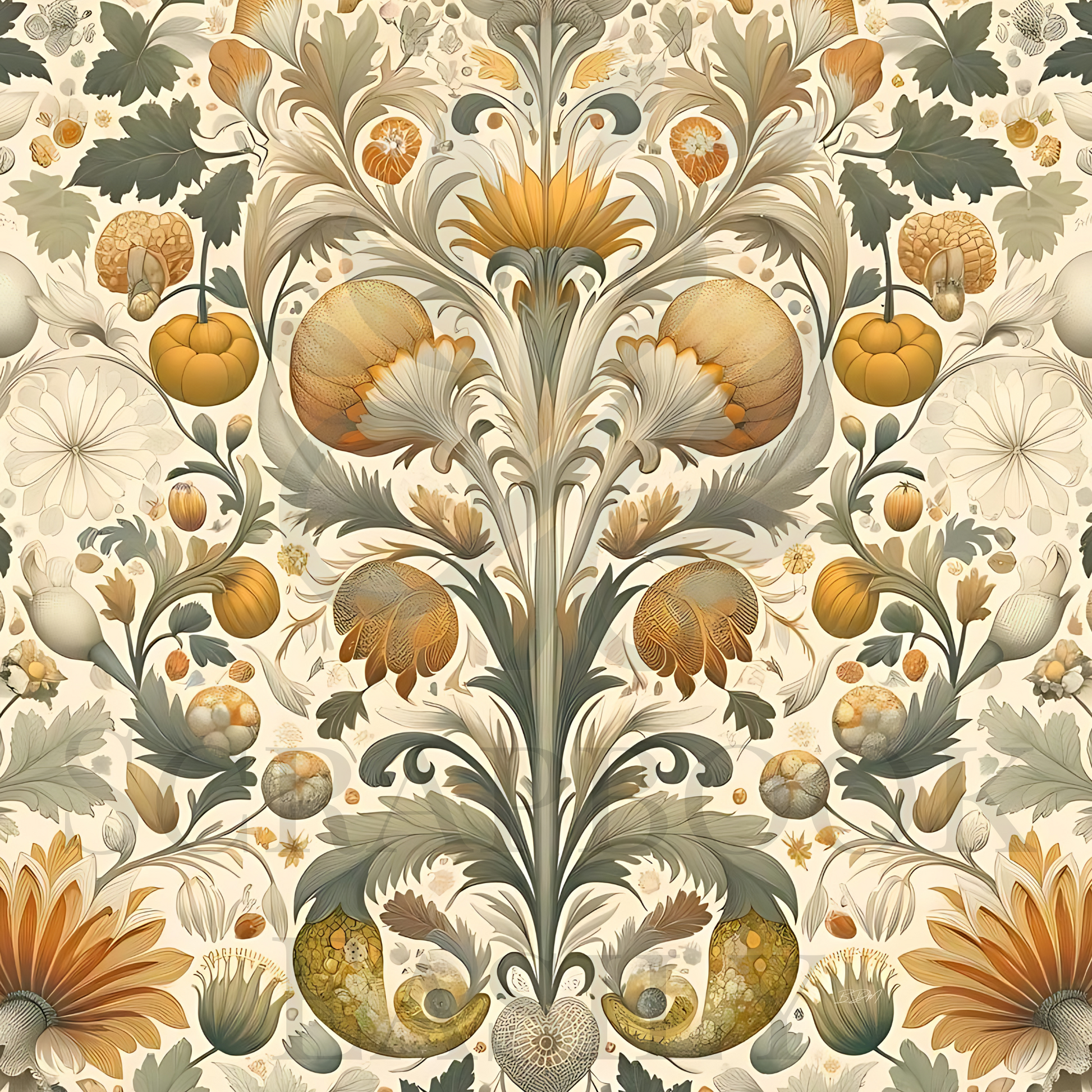 Ornate autumn harvest digital scrapbooking paper with pumpkins & elegant floral patterns, ideal for creative download & print projects.