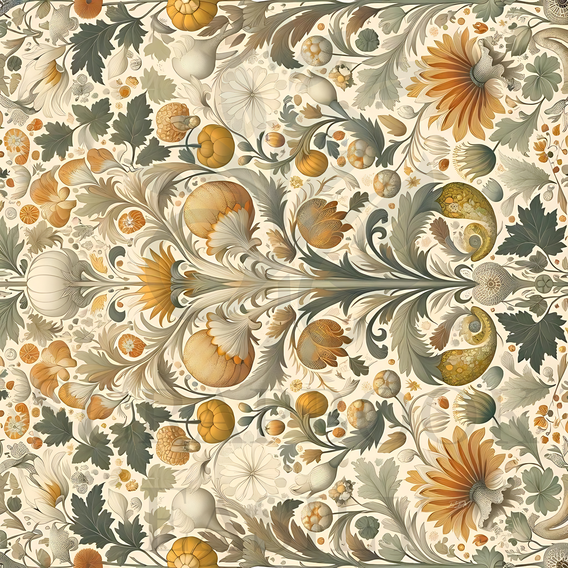 Elegant downloadable scrapbooking paper featuring a detailed pattern of pumpkins & classic florals, ideal for autumn-themed print projects.