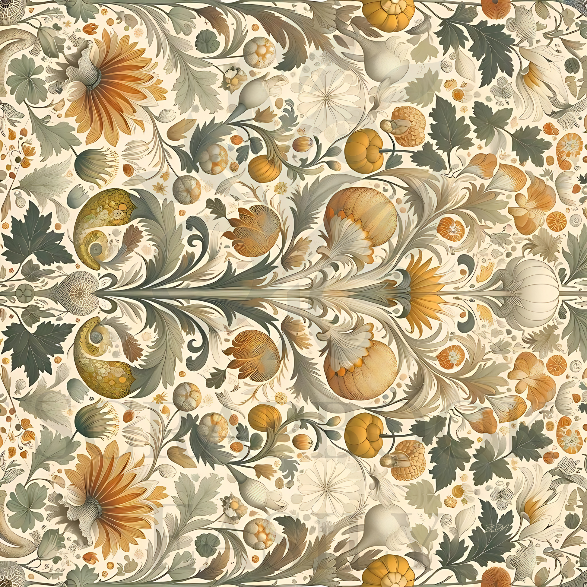 Vintage-inspired digital scrapbook paper with pumpkins & floral patterns for online scrapbooking, available for download & print.