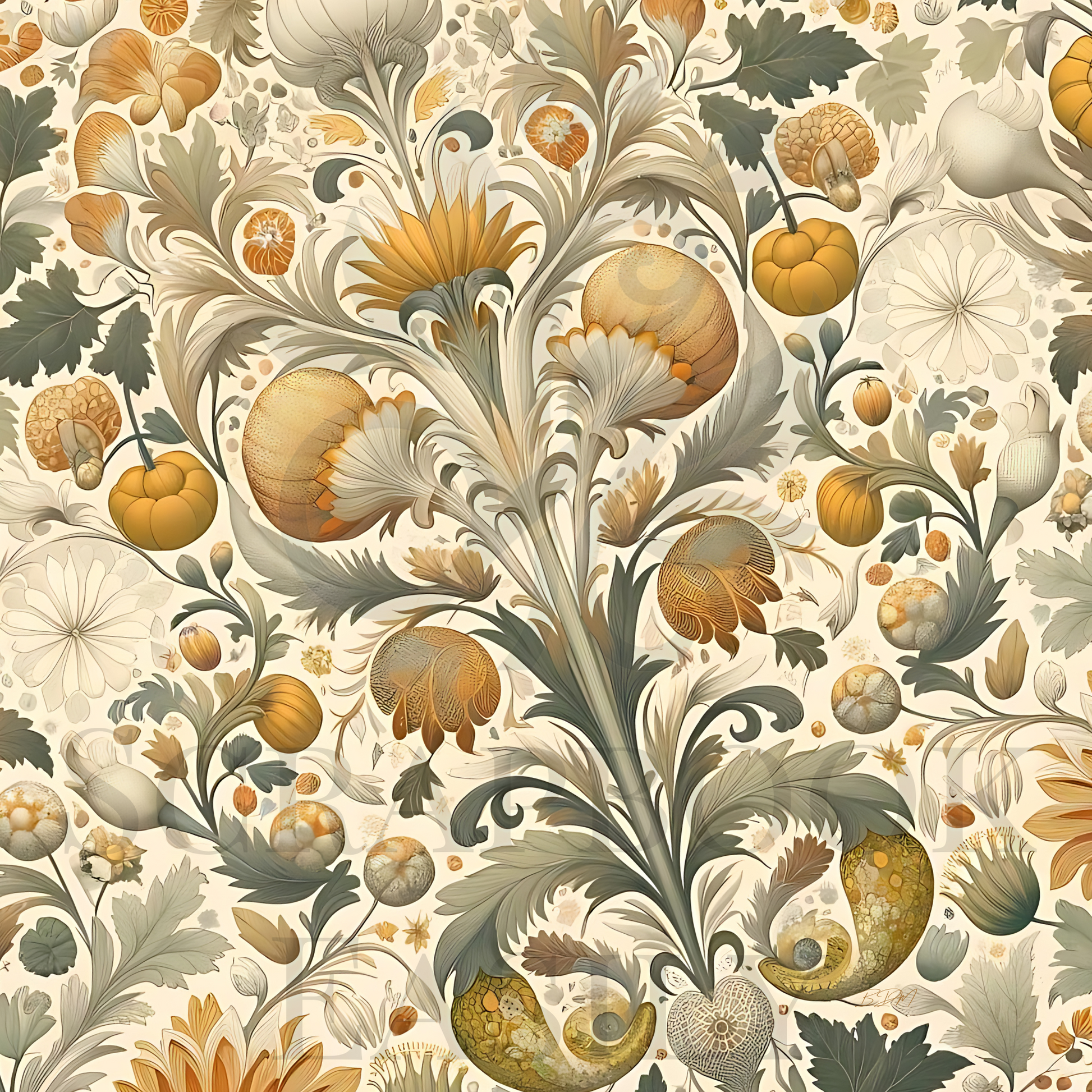 Seasonal scrapbooking printable with an intricate design of autumn pumpkins & elegant florals, available for immediate download & print for DIY scrapbook enthusiasts.