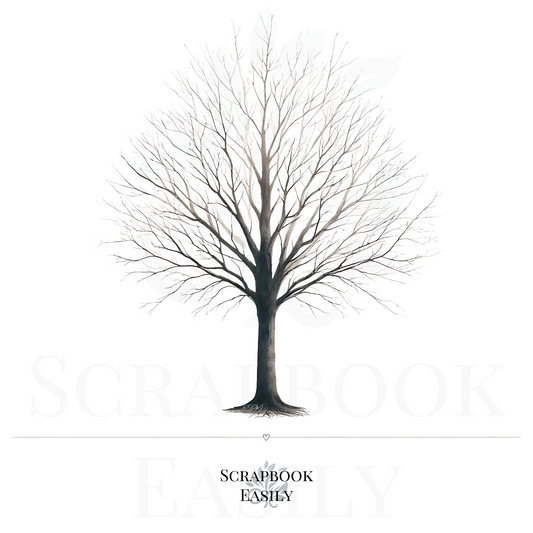 Elegant digital artwork of an American Elm tree in winter, depicted without leaves, showcasing intricate branches & a sturdy trunk. Ideal for use in nature-themed decor, educational projects, crafting, scrapbooking, & as a base for fingerprint tree art at special events, available for download from Scrapbook Easily.