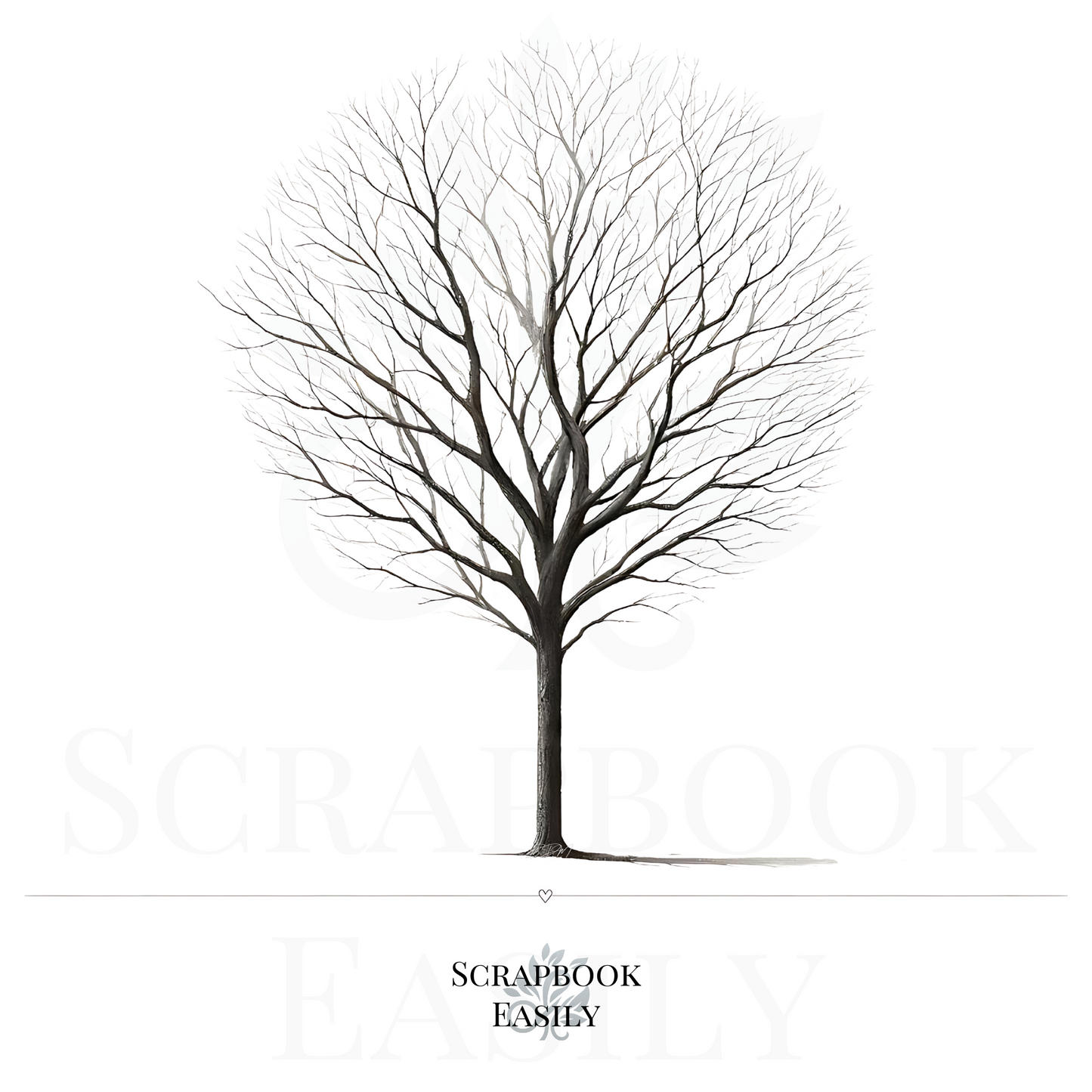 Artistic illustration of an American Linden Tree, depicted in monochrome with detailed branches & a strong trunk, ideal for nature-themed decor, educational projects, crafting, & scrapbooking. Perfect for personalisation with watercolour pencils or as a fingerprint tree artwork for special events. Available at Scrapbook Easily.