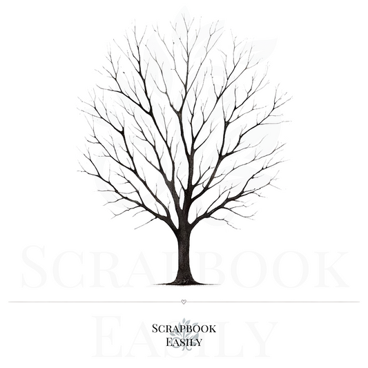 Elegant black & white illustration of an apple tree, devoid of leaves, with detailed branches spreading outward, perfect for scrapbooking themes related to seasons & growth, available for download at Scrapbook Easily.