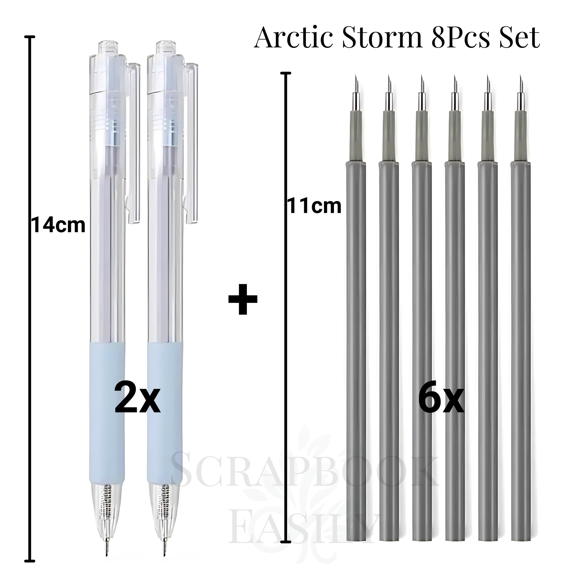 Arctic Storm 8-piece precision knife set, featuring two retractable pen knives with light blue handles & six grey refill blades, ideal for detailed paper cutting in scrapbooking & crafting, available for online purchase.