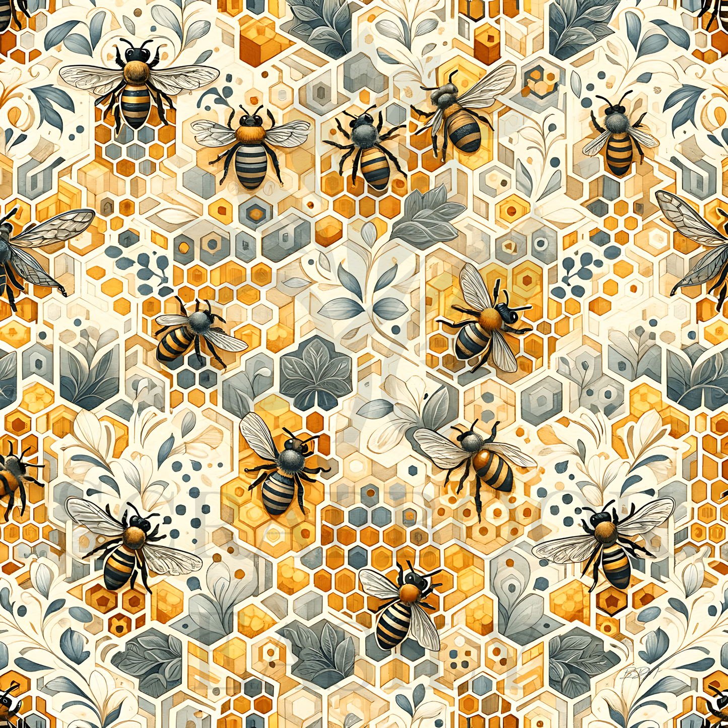 Digital scrapbooking paper featuring a pattern of honeybees & hexagonal honeycombs in warm shades of gold, tan, & gray, interspersed with botanical elements. Ideal for crafting, downloadable & printable.