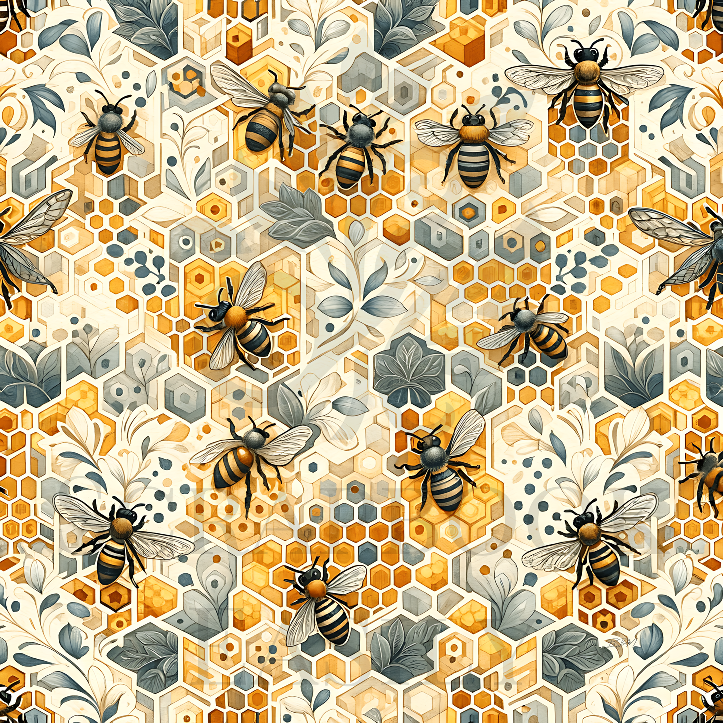 Digital scrapbooking background with a pattern of realistic honeybees & intricate honeycomb designs, accented with soft botanical elements in a warm palette.