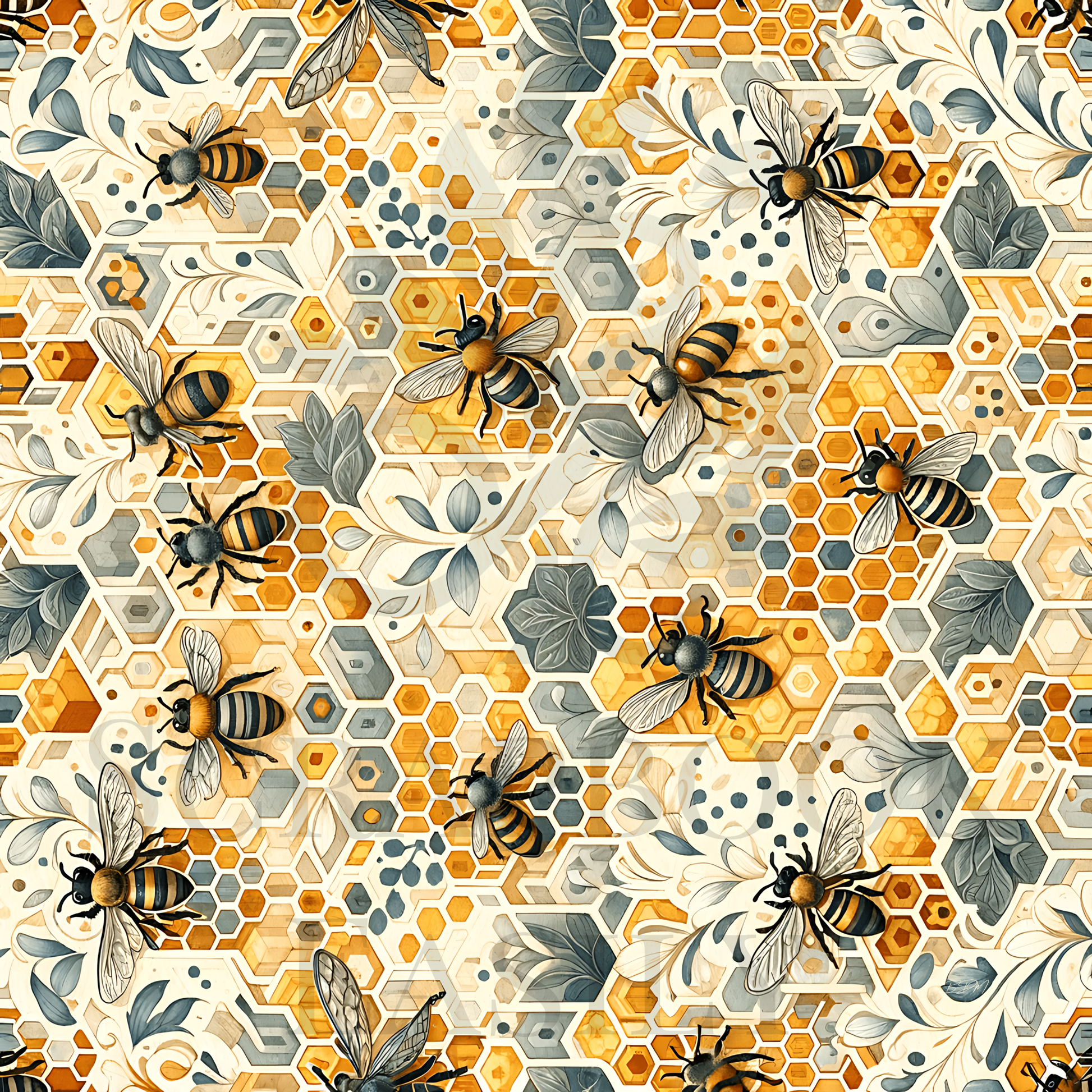 Seamless scrapbooking background pattern with illustrated bees & honeycombs in a pleasing palette of gold, amber, & soft blues, set against a neutral background. Perfect for bee-themed crafts, available for instant download & printing.