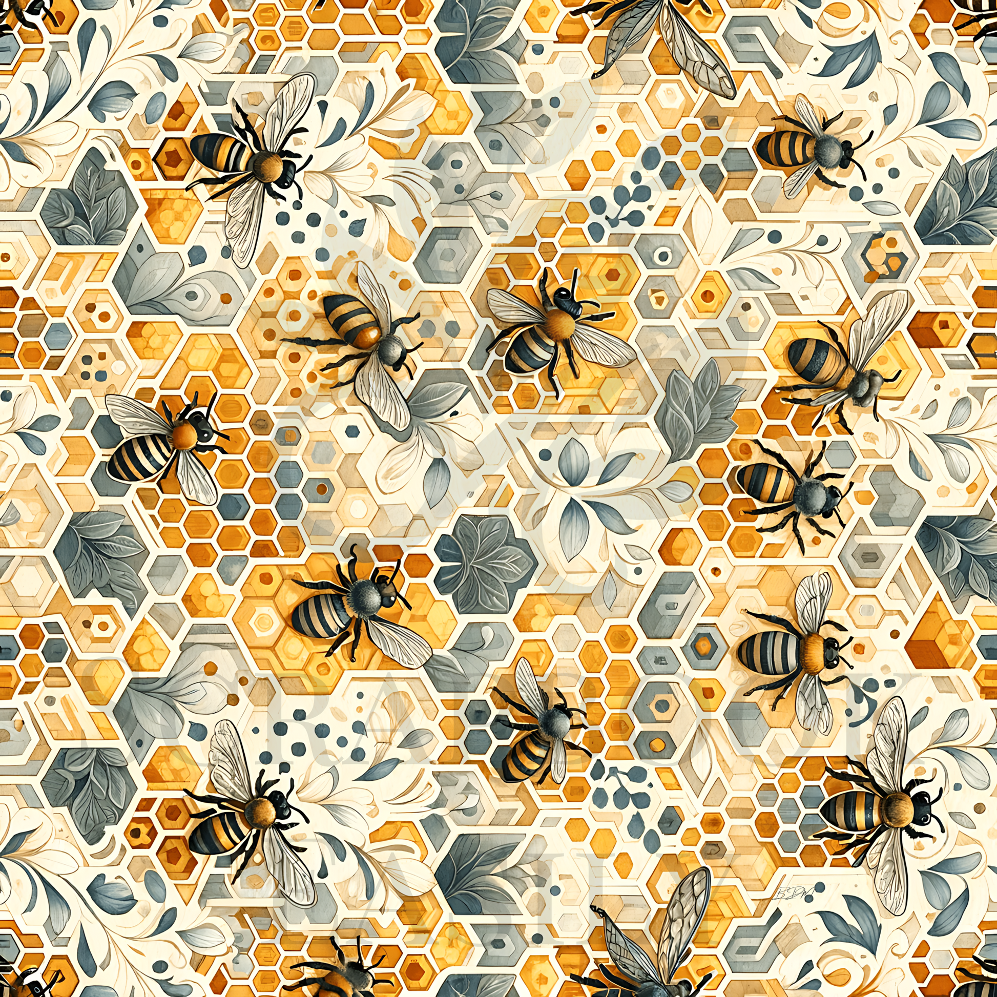 Elegant bee & honeycomb pattern with a vibrant mix of florals & hexagons in shades of orange, yellow, & gray, perfect for scrapbooking enthusiasts seeking a natural & detailed design.