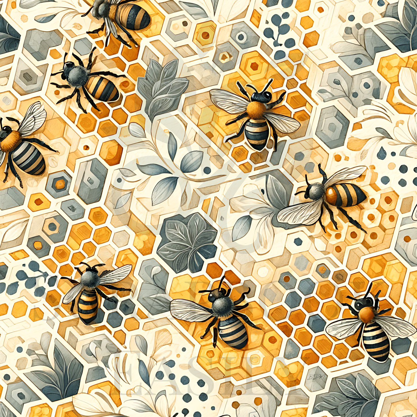 Classic bee garden pattern featuring detailed illustrations of bees with botanical elements & honeycomb, in a warm palette ideal for creative scrapbooking projects.