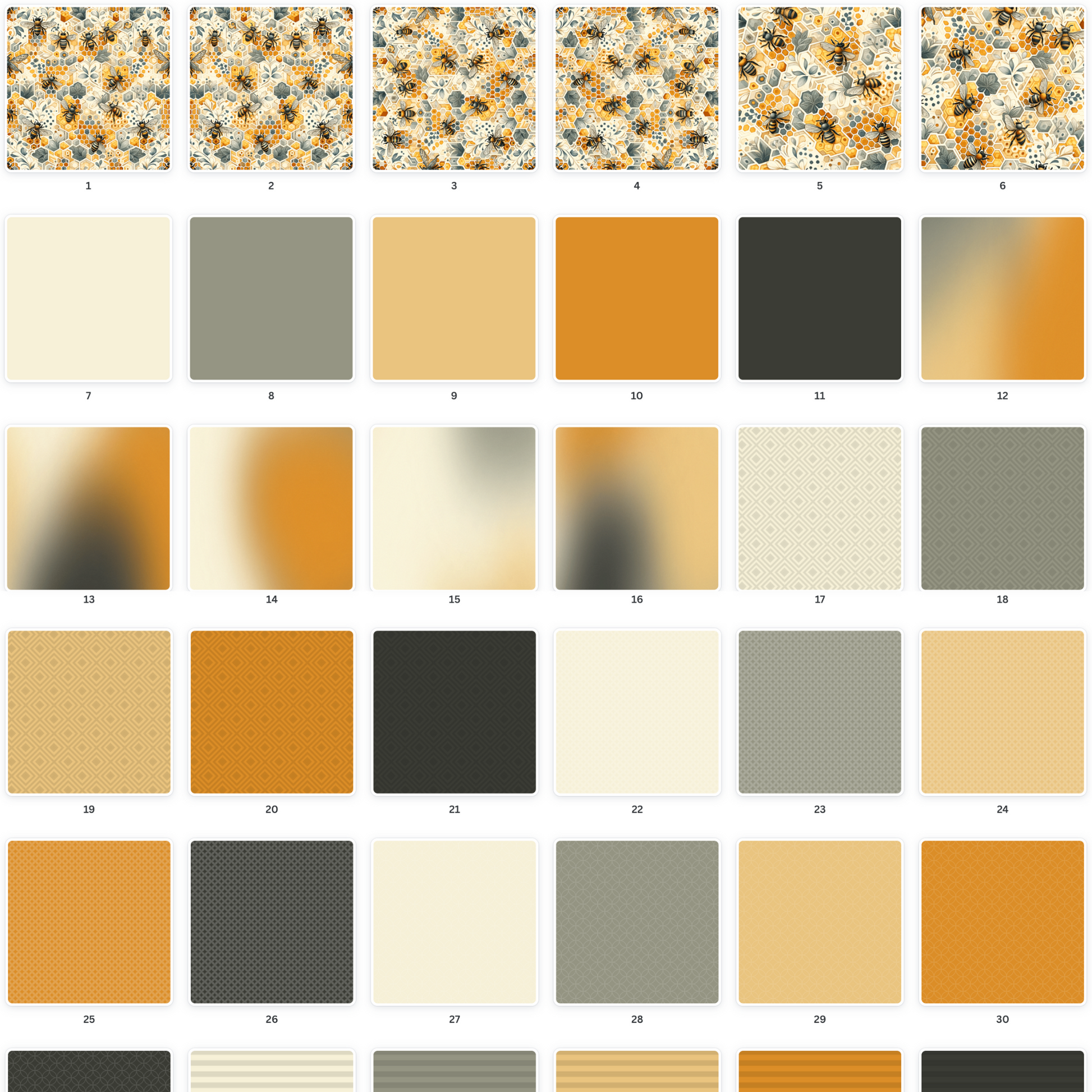 Printable scrapbook backgrounds set, including a lush design of bees amidst flowers & honeycomb structures, rendered in warm golds & cool greys, suitable for elegant & nature-inspired craft work.