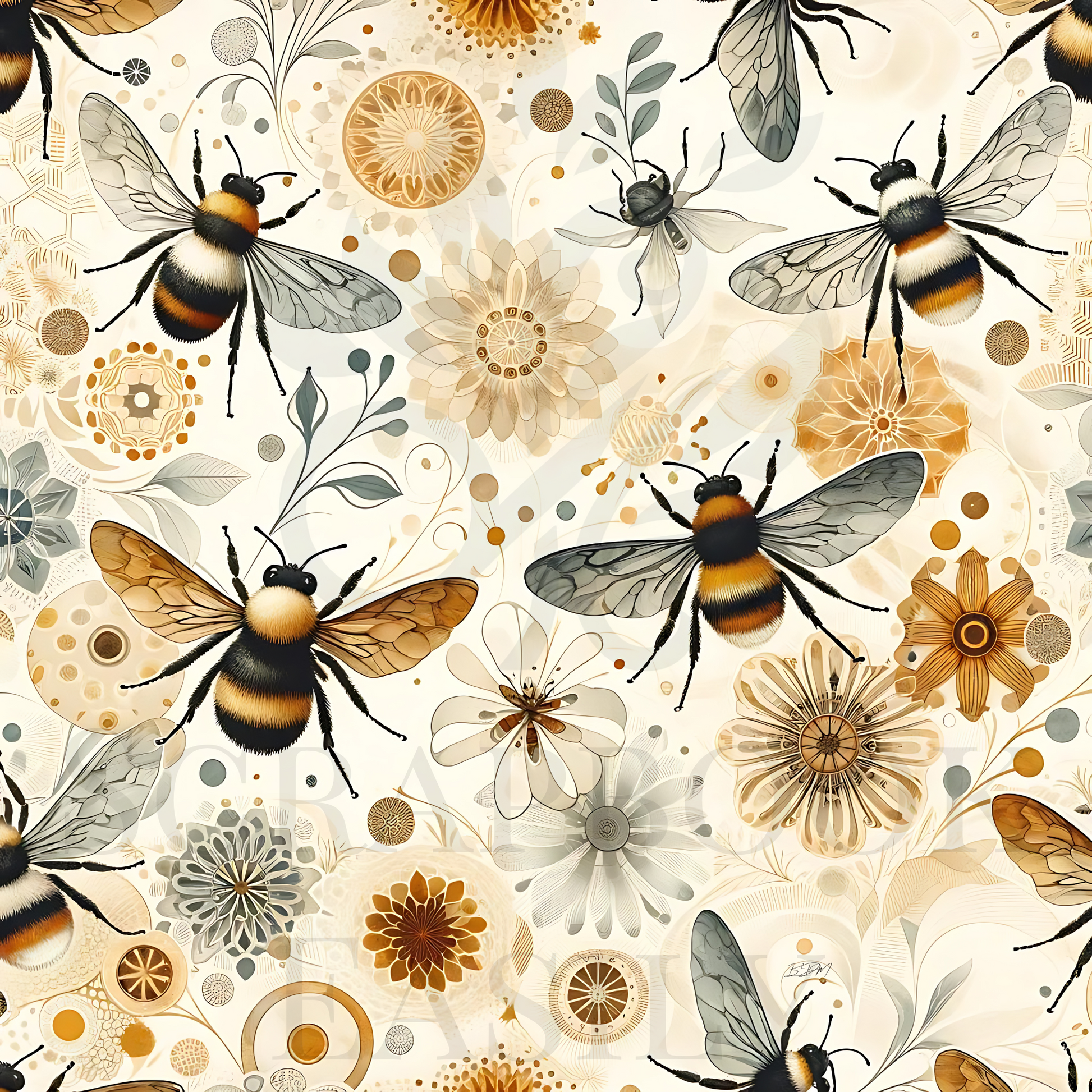 Seamless digital scrapbooking pattern featuring detailed bumblebees & neutral-toned florals, perfect for download & print projects or digital scrapbooking.
