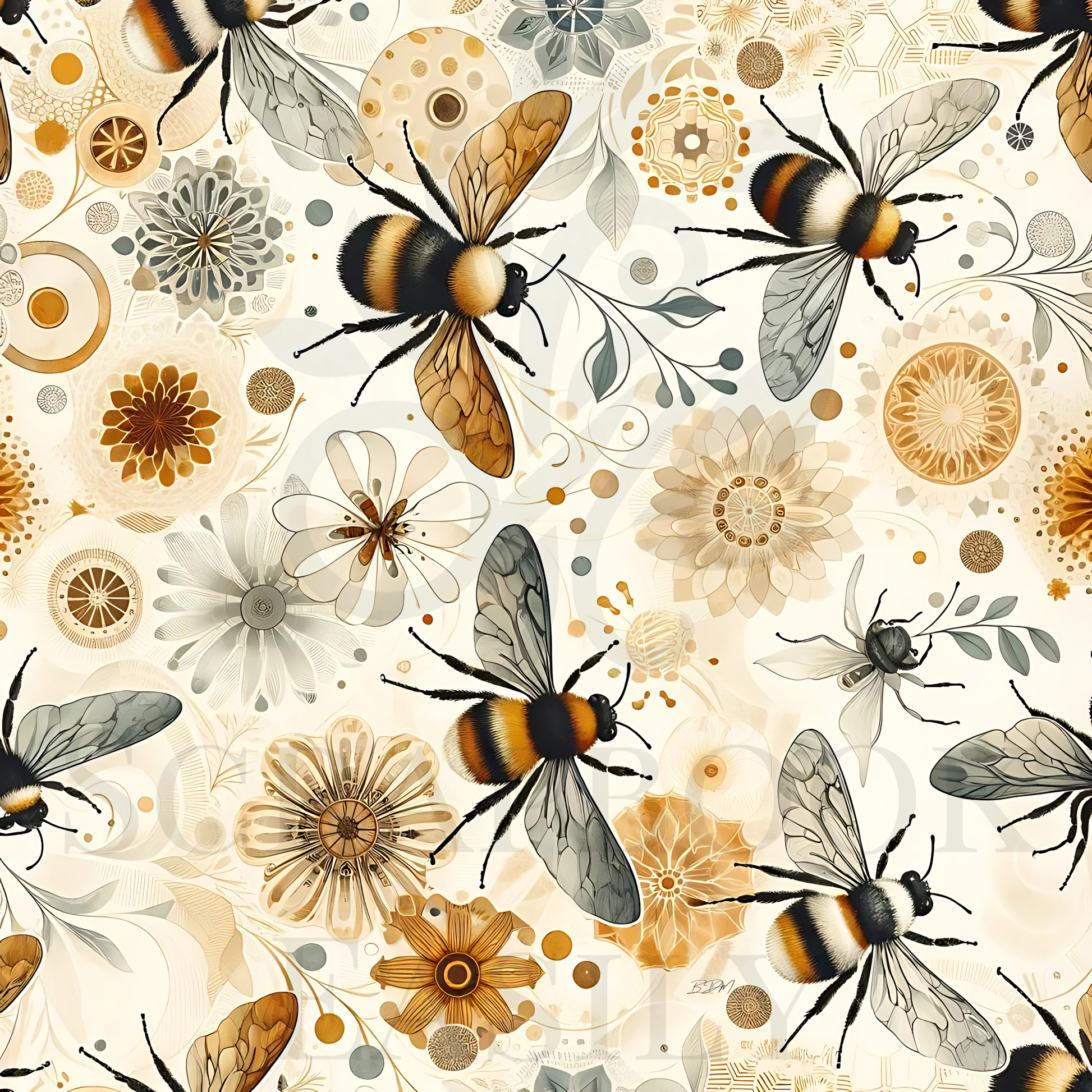 Bee-themed scrapbooking paper with floral accents, available for digital download, perfect for creating charming scrapbook layouts & crafts.