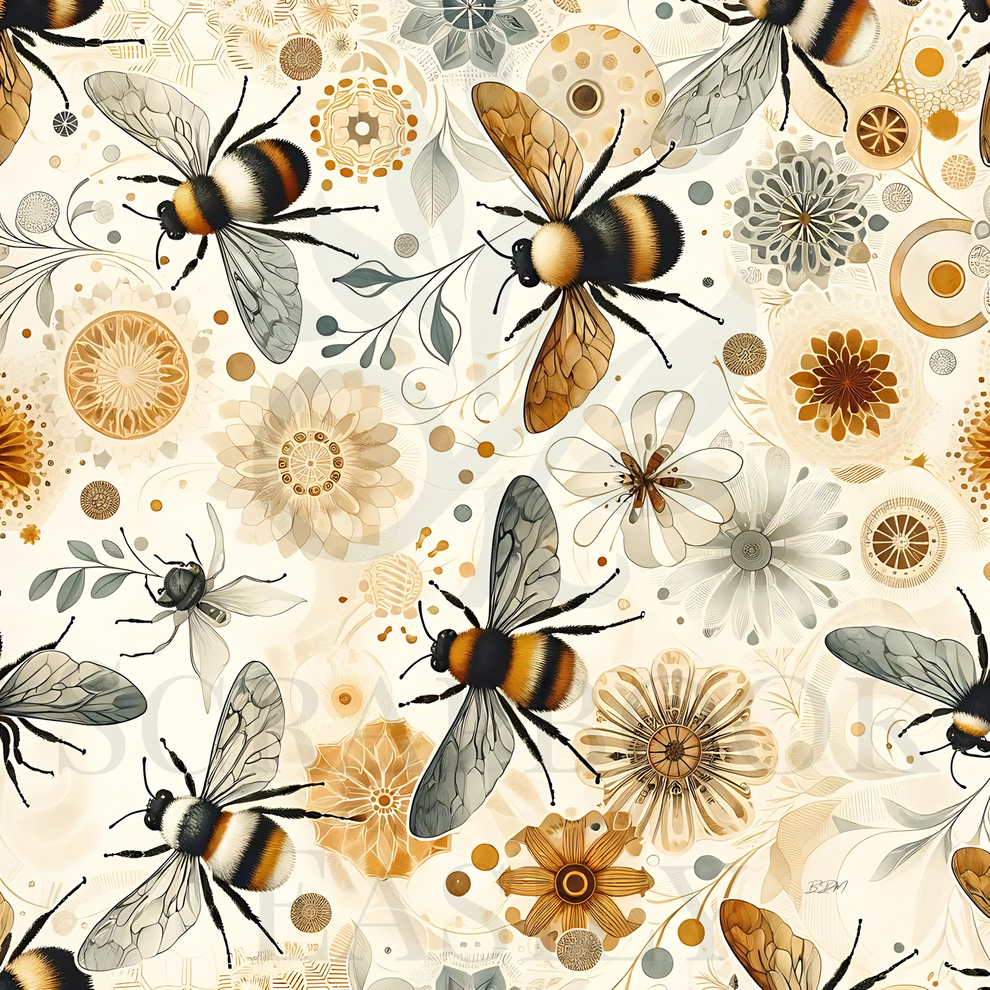 Nature-inspired digital scrapbooking paper featuring bumblebees & neutral florals, perfect for download & print crafts, available in our online scrapbook store.