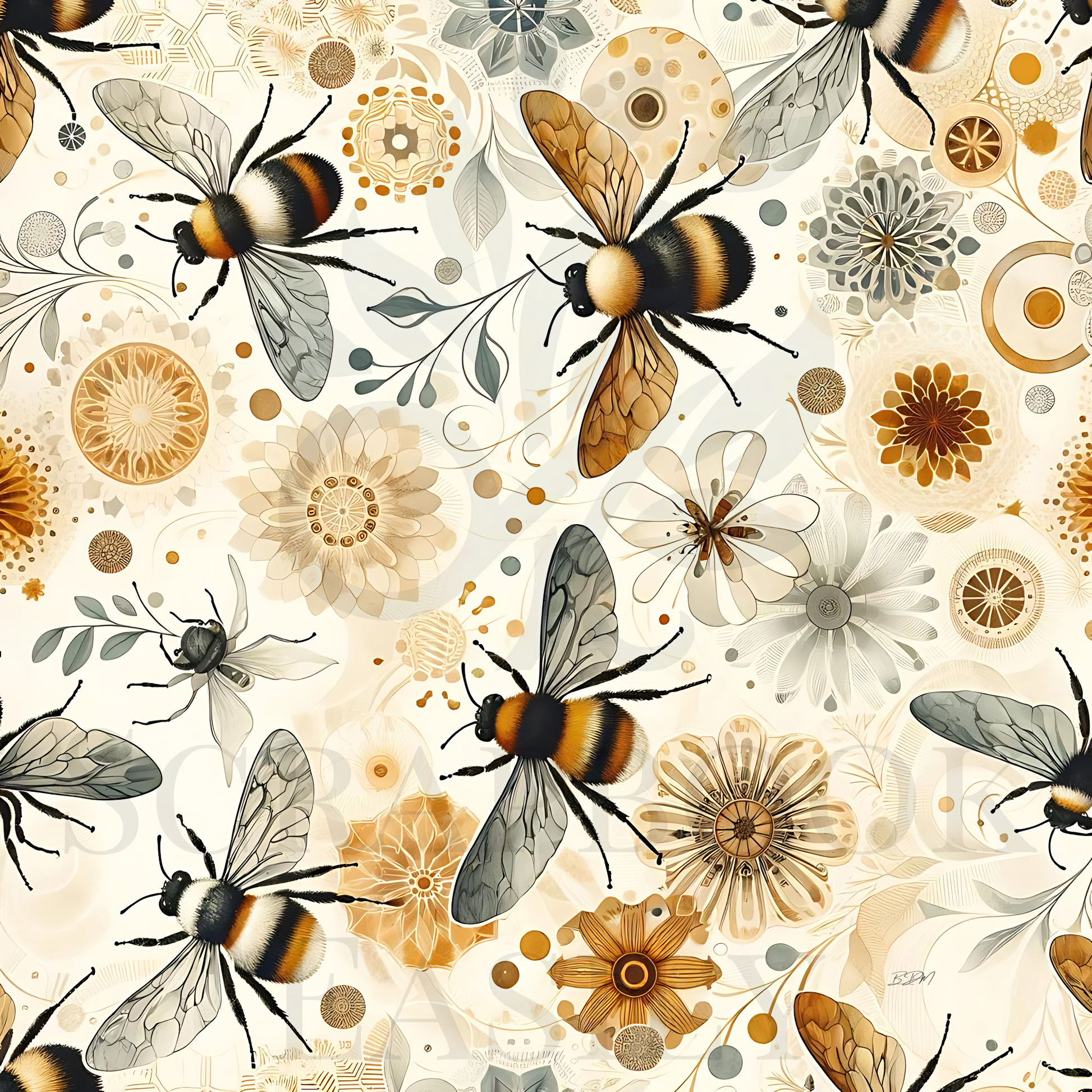 Nature-inspired digital scrapbooking paper featuring bumblebees & neutral florals, perfect for download & print crafts, available in our online scrapbook store.