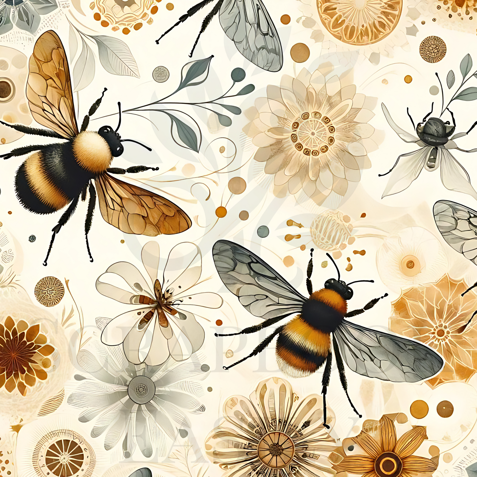 Artistic scrapbooking paper with bumblebees & floral designs, ideal for crafting digital scrapbook layouts, available for download & printing.