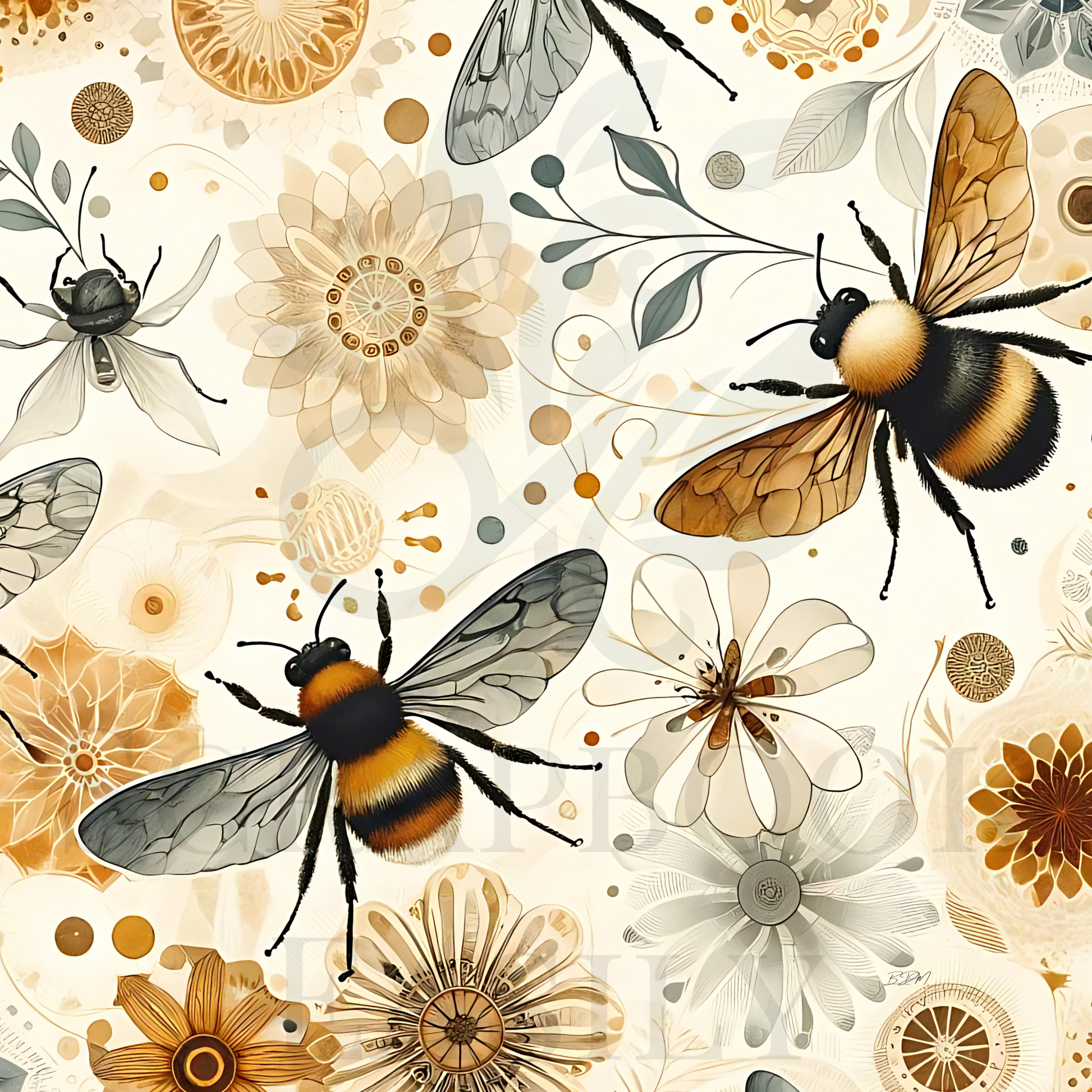 Bumblebee & floral digital paper for scrapbooking, a downloadable & printable design for craft enthusiasts looking to add a touch of nature to their scrapbook pages.