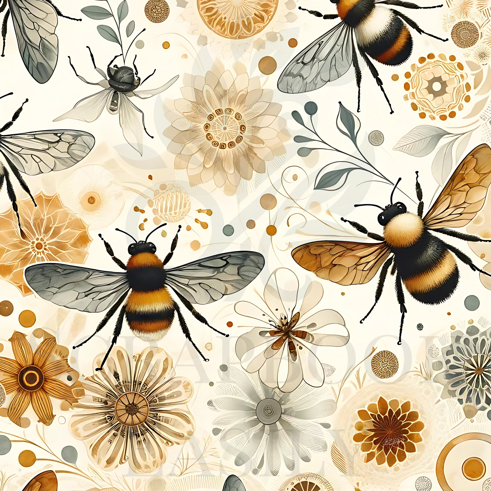 Nature-inspired printable scrapbooking background with bumblebees & flowers, perfect for digital download & creating custom scrapbook pages online.
