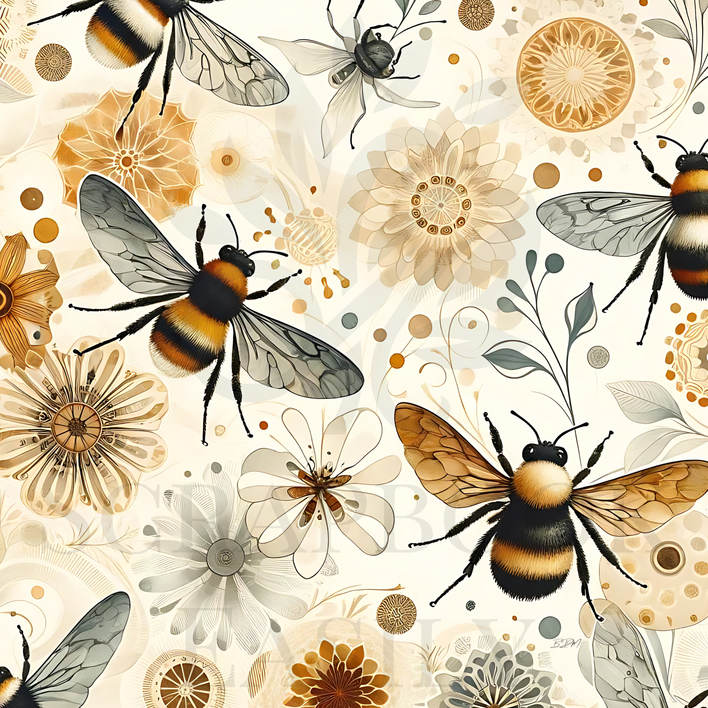 Scrapbooking printable with detailed bumblebees & delicate floral designs, ideal for crafting elegant memory books available for download & print, enhancing any online scrapbooking project.