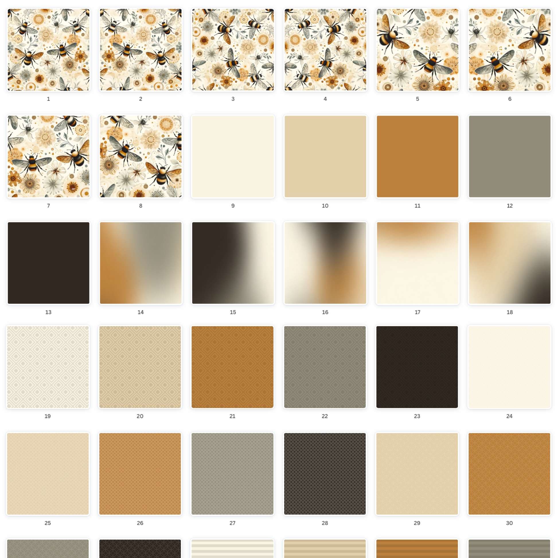 Collection of downloadable scrapbooking pages featuring a mix of floral & bee patterns alongside complementary solid & gradient backgrounds, perfect for print-&-craft projects available online.