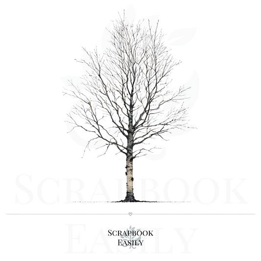 Elegant digital illustration of a Black Alder tree in monochrome, featuring detailed bare branches & a distinctive bark, ideal for nature-themed decor, educational projects, crafting, scrapbooking, & as a unique fingerprint tree art canvas for special events, available for download from Scrapbook Easily.