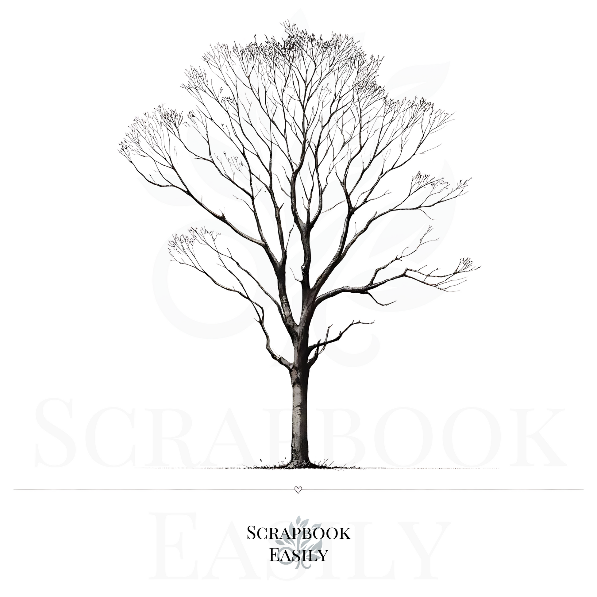 Striking digital artwork of a Blue Gum tree with intricate detailing in its bare branches, ideal for nature-themed decor, educational materials, crafting & scrapbooking projects, or as a unique fingerprint tree canvas for special events. Available for download at Scrapbook Easily.