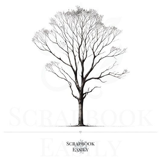 Striking digital artwork of a Blue Gum tree with intricate detailing in its bare branches, ideal for nature-themed decor, educational materials, crafting & scrapbooking projects, or as a unique fingerprint tree canvas for special events. Available for download at Scrapbook Easily.