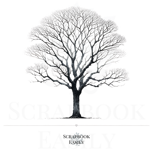 Exquisite digital illustration of a Blue Jacaranda tree, rendered in black & white with a detailed network of branches, perfect for nature-themed decor, educational projects, scrapbooking, & as a unique fingerprint tree artwork. Ideal for personalizing with watercolor pencils, available at Scrapbook Easily.