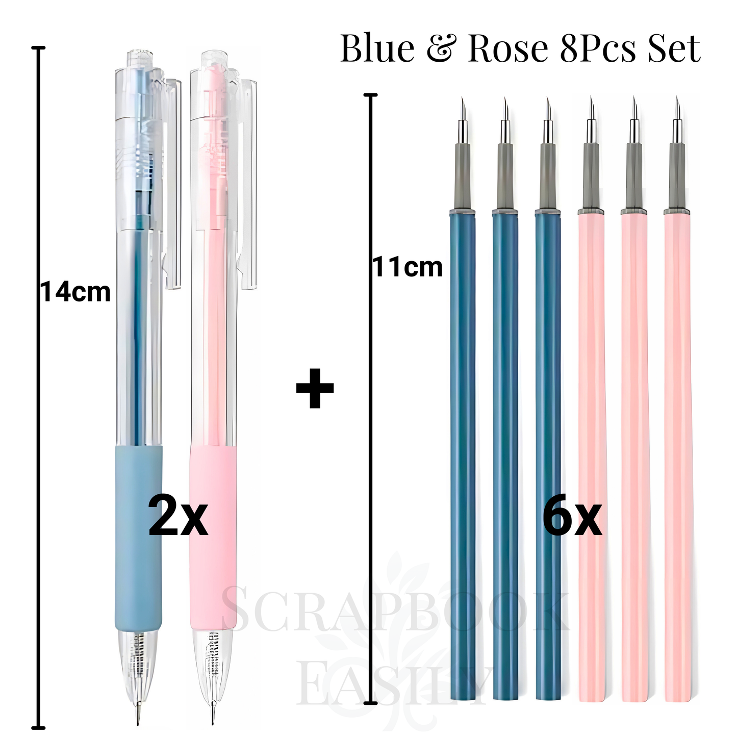 Set of 8 precision cutting tools for scrapbooking, featuring 2 clickable gel pen knives in blue & pink, plus six blue & rose-coloured fine line pen knives, ideal for detailed crafting & digital design projects, available for purchase.